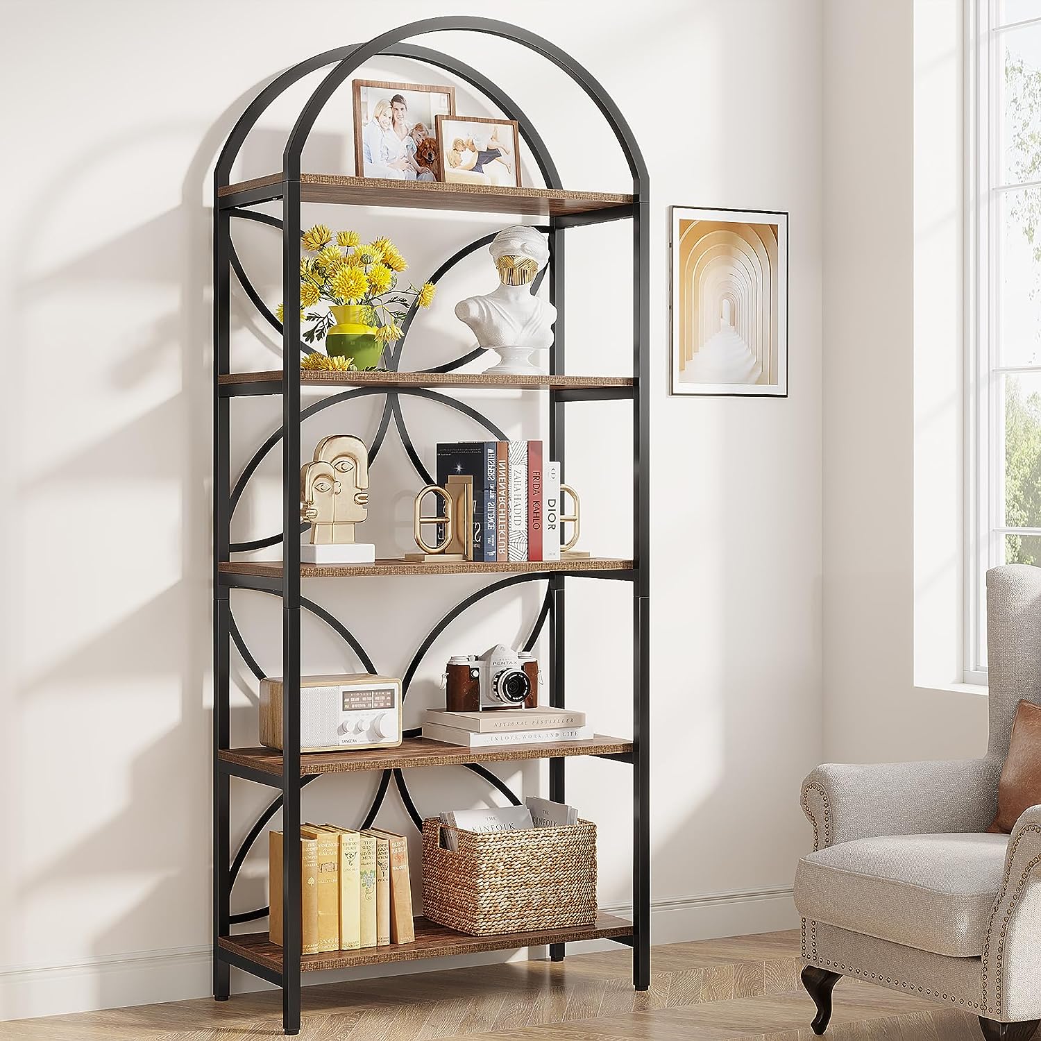 5-Tier Bookshelf, 190 cm Tall Arched Bookcase Display Rack