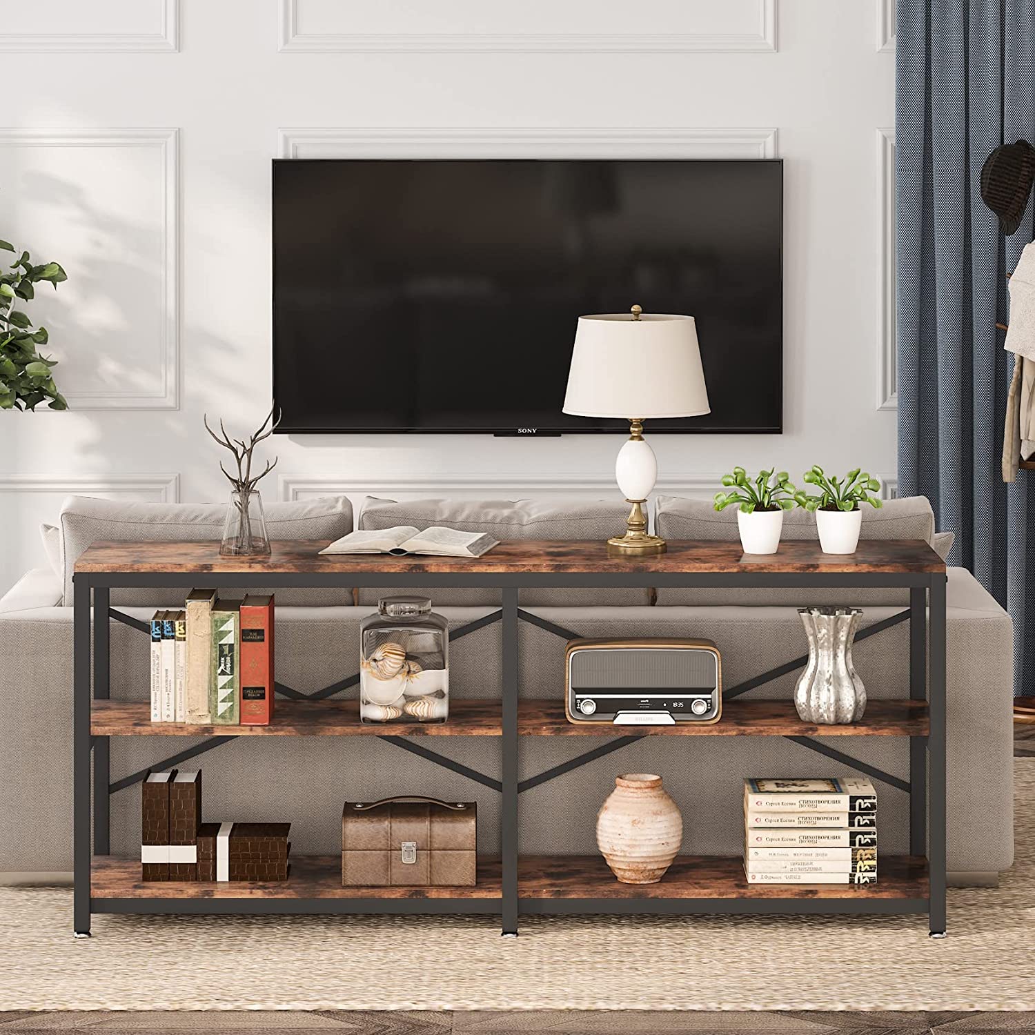 3-Tier Console Table, 180 cm Long Foyer Sofa Table with Storage Shelves