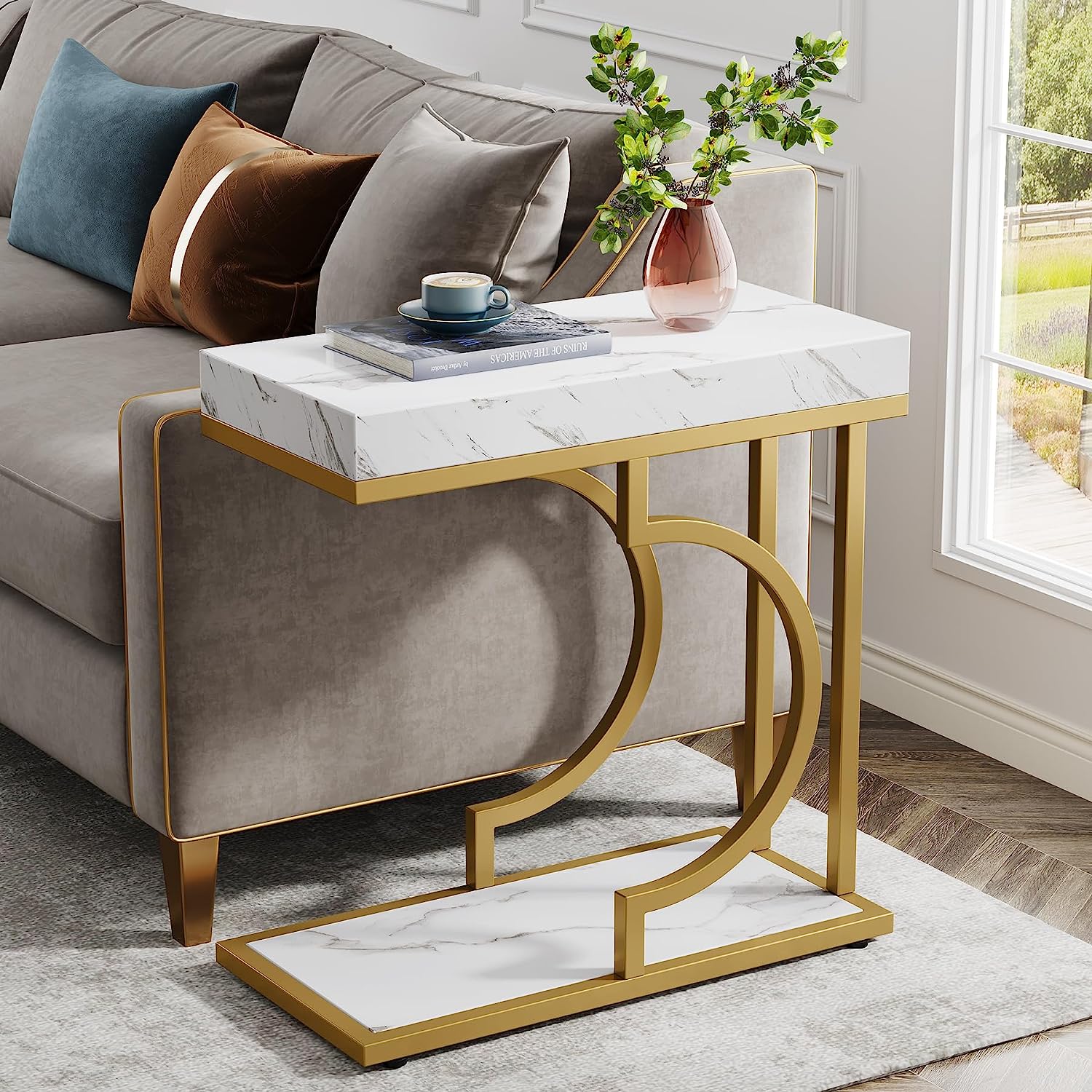 Narrow C Table, Modern End Table Bedside Table with Metal Frame