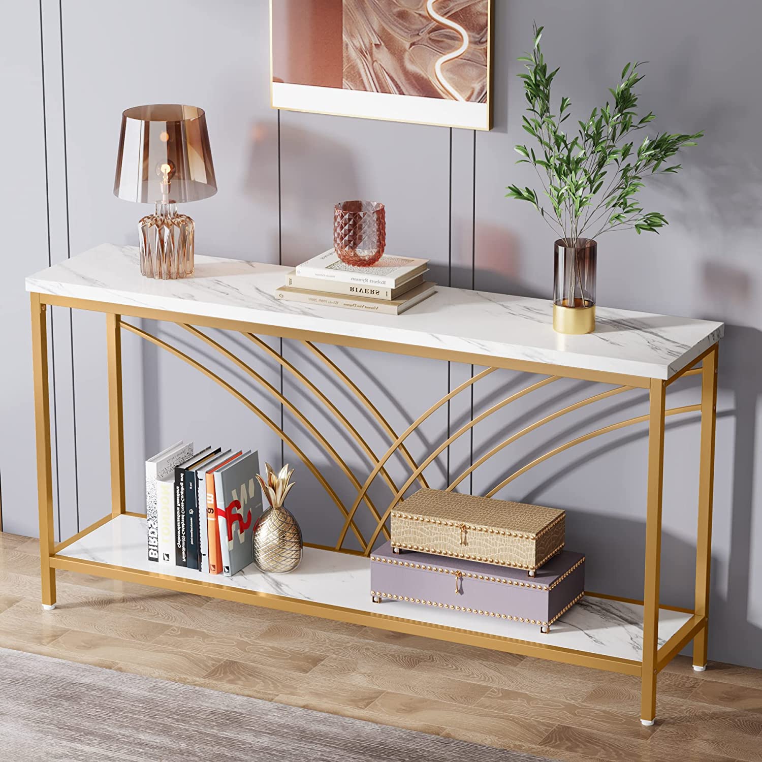 180 cm Console Table, Faux Marble Entryway Table with 2-Tier Storage Shelf