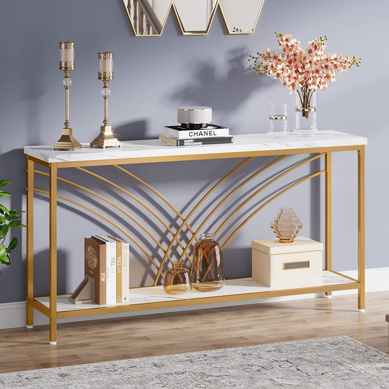 180 cm Console Table, Faux Marble Entryway Table with 2-Tier Storage Shelf