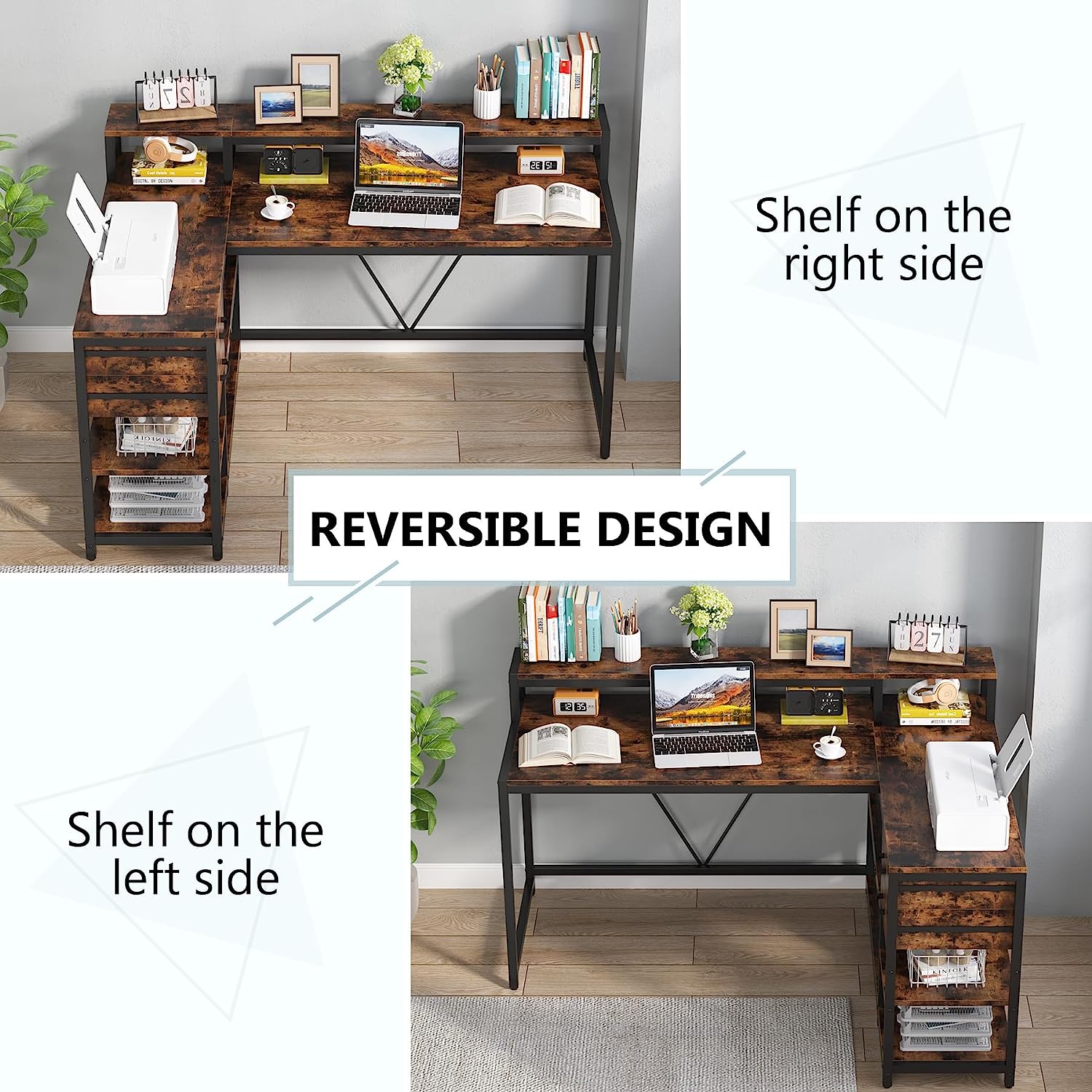 Reversible L-Shaped Desk, Industrial Corner Desk with Drawer & Shelves (Dimensions in cm)