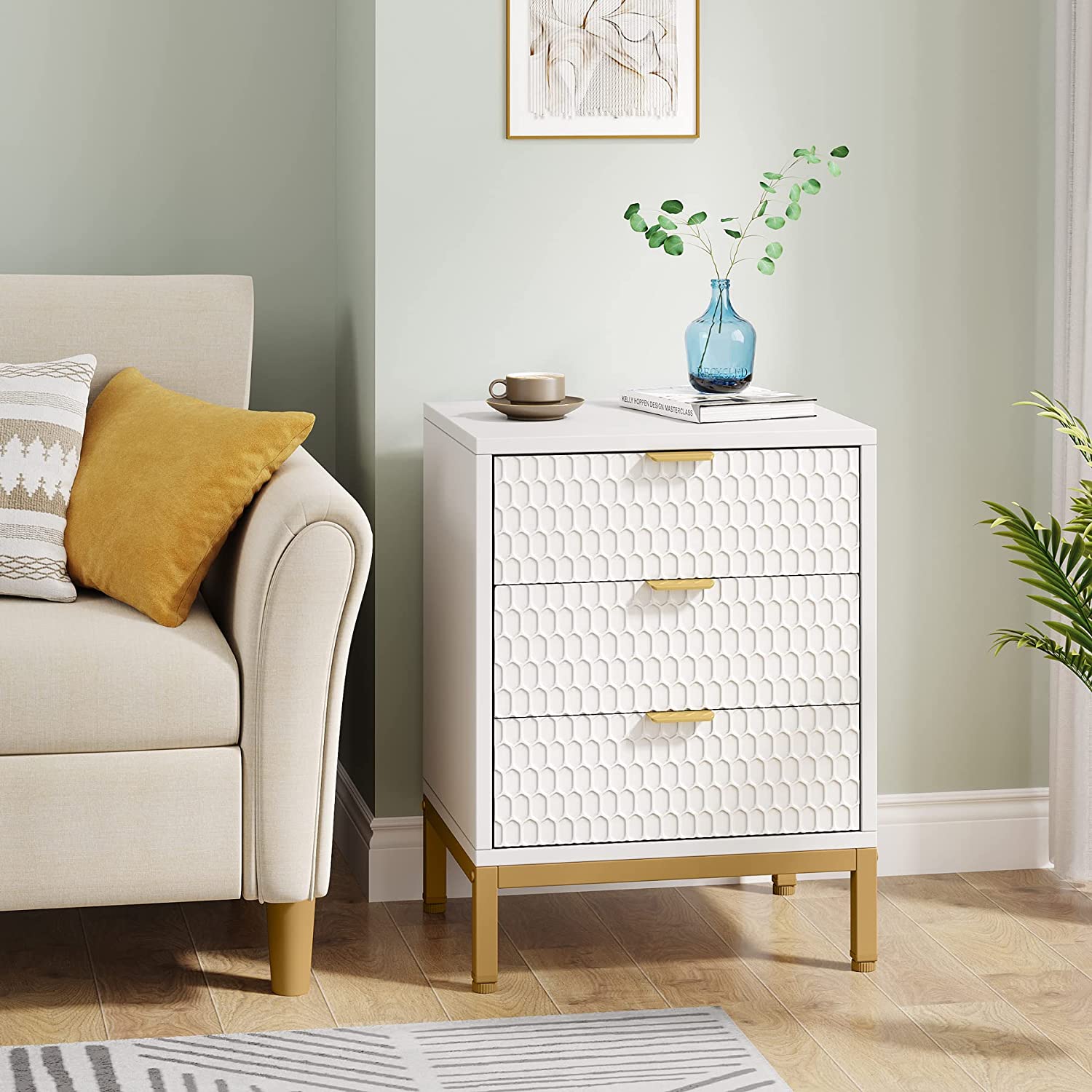 Modern Nightstand, 65.5 cm Tall Bedside Table with 3 Drawers