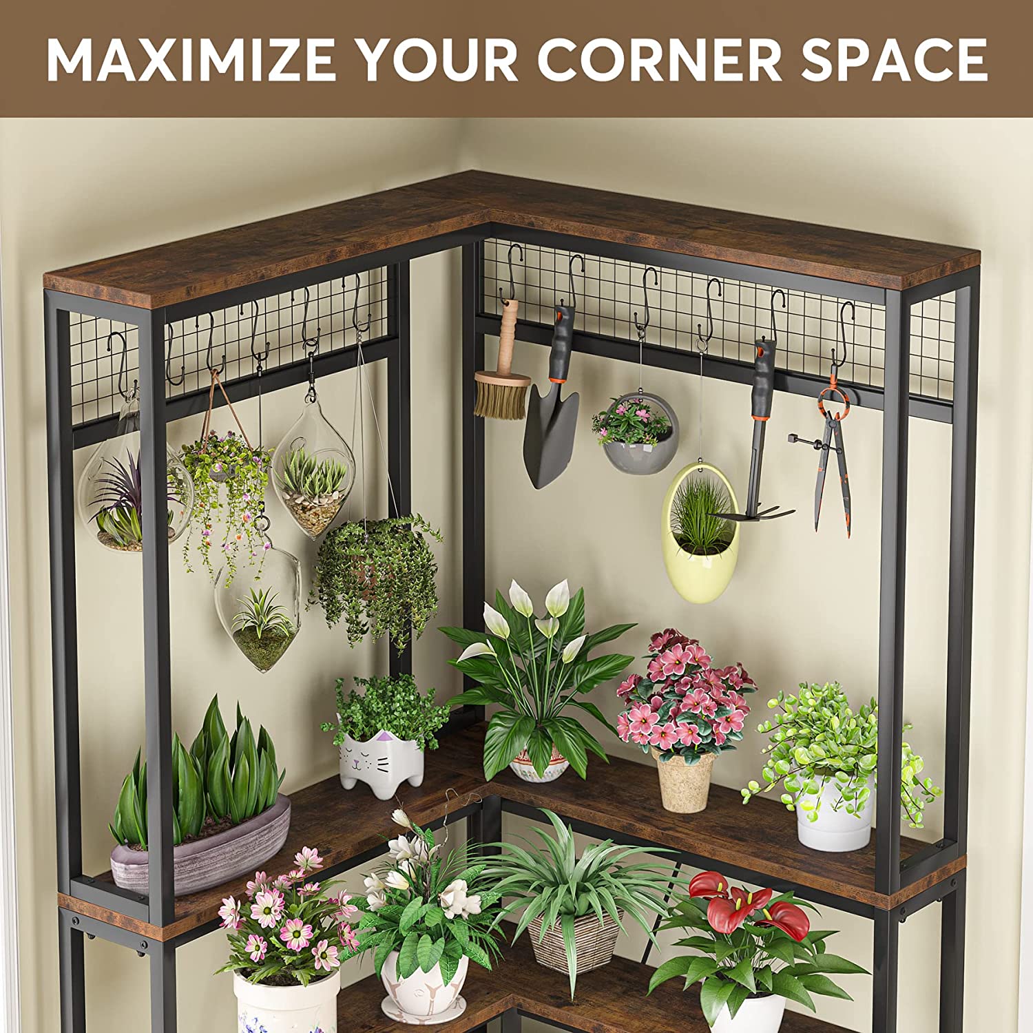 Corner Plant Stand, 170 cm Tall Flower Shelf with 15 Hanging Hooks