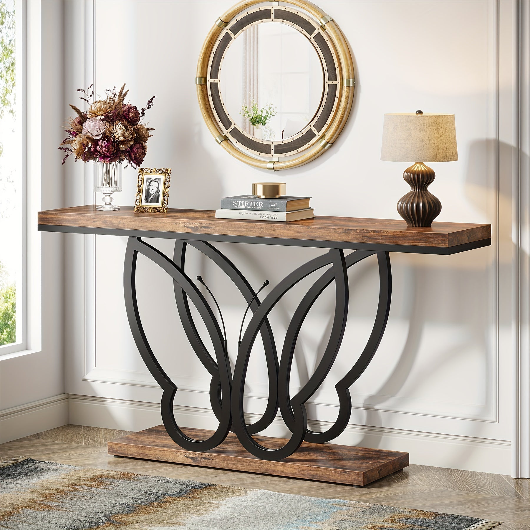 Chic 140 cm Rustic Console Table with Butterfly Metal Frame - Farmhouse Style Wooden Sofa Table for Living Room, Hallway, Entryway - Durable & Weather-Resistant, Brown & Black