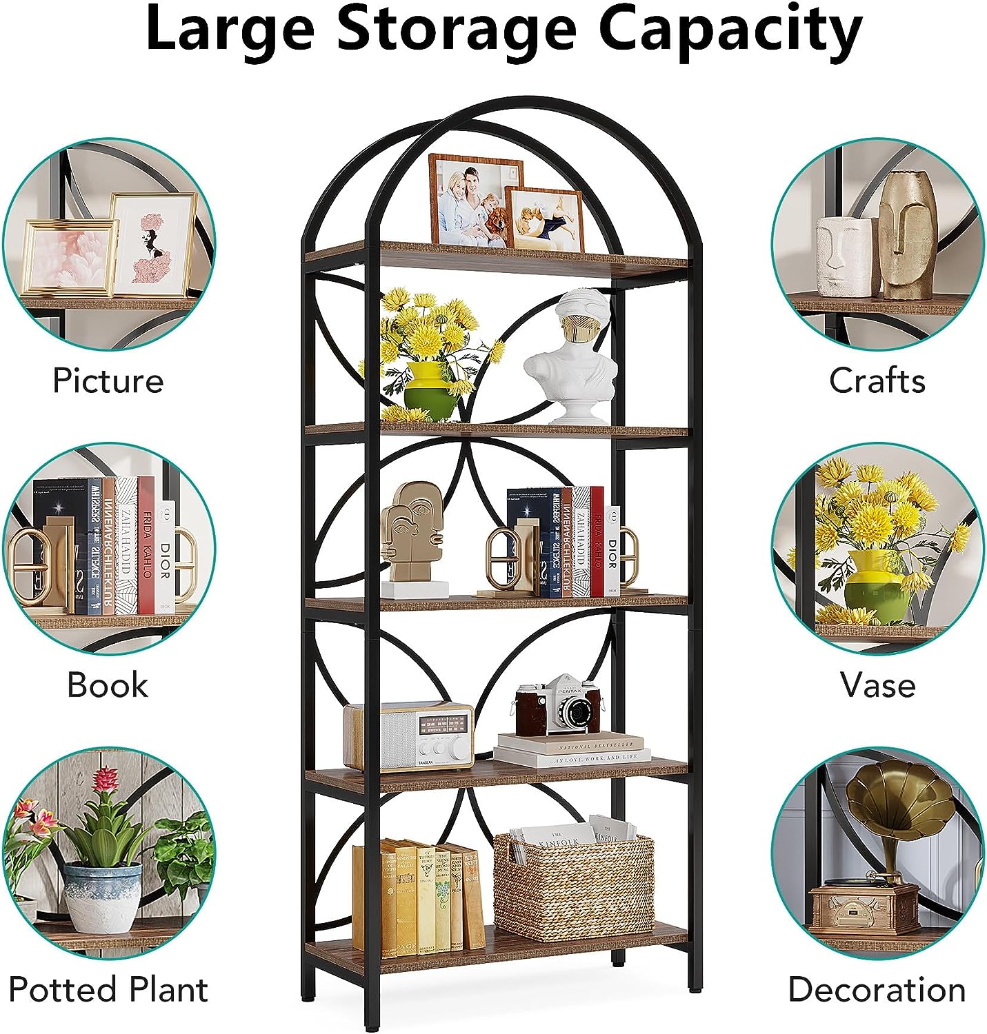 5-Tier Bookshelf, 190.5 cm Tall Arched Bookcase Display Rack