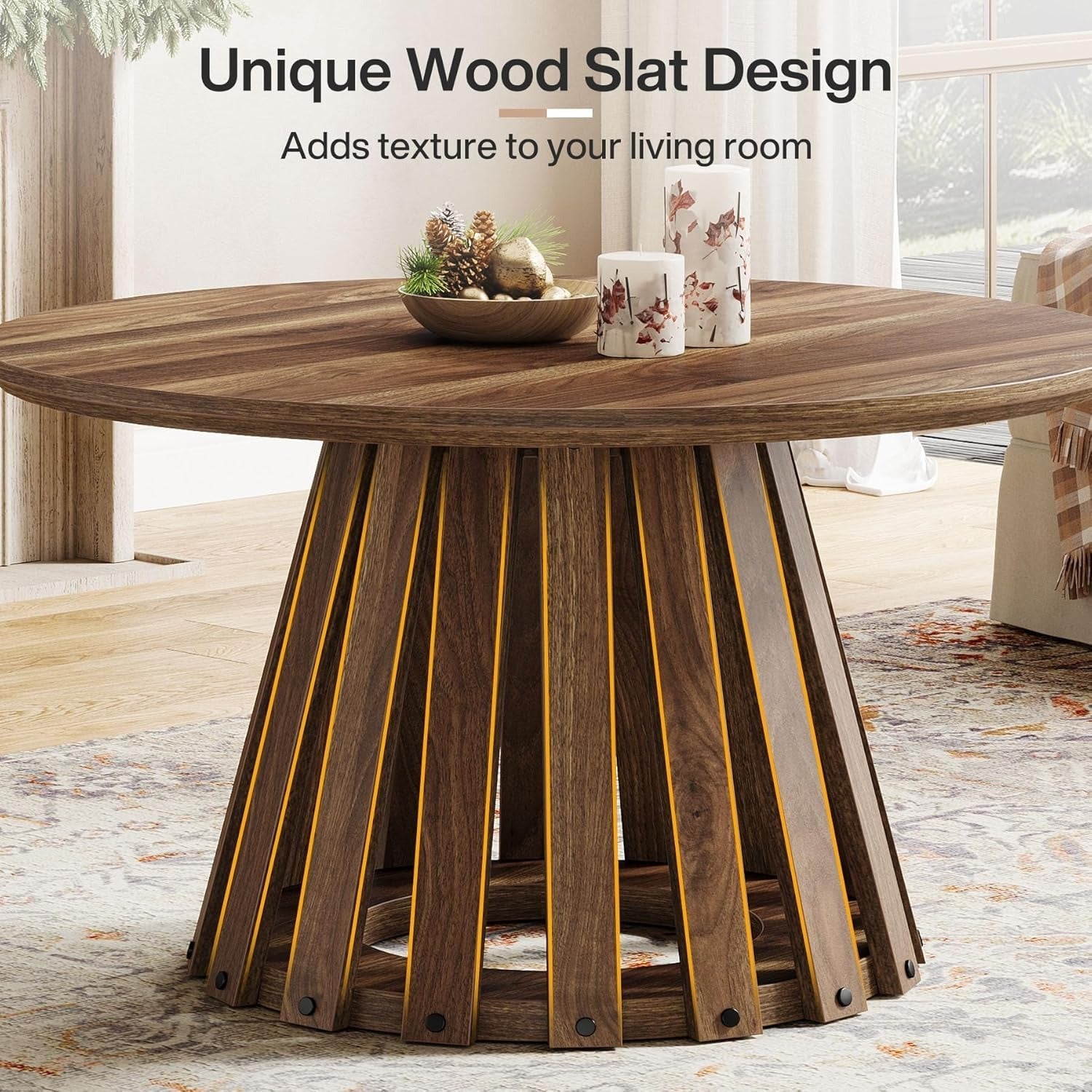 81cm Round Coffee Table, Farmhouse Circle Coffee Table with Slatted Base, Rustic Wood Accent Center Table for Living Room