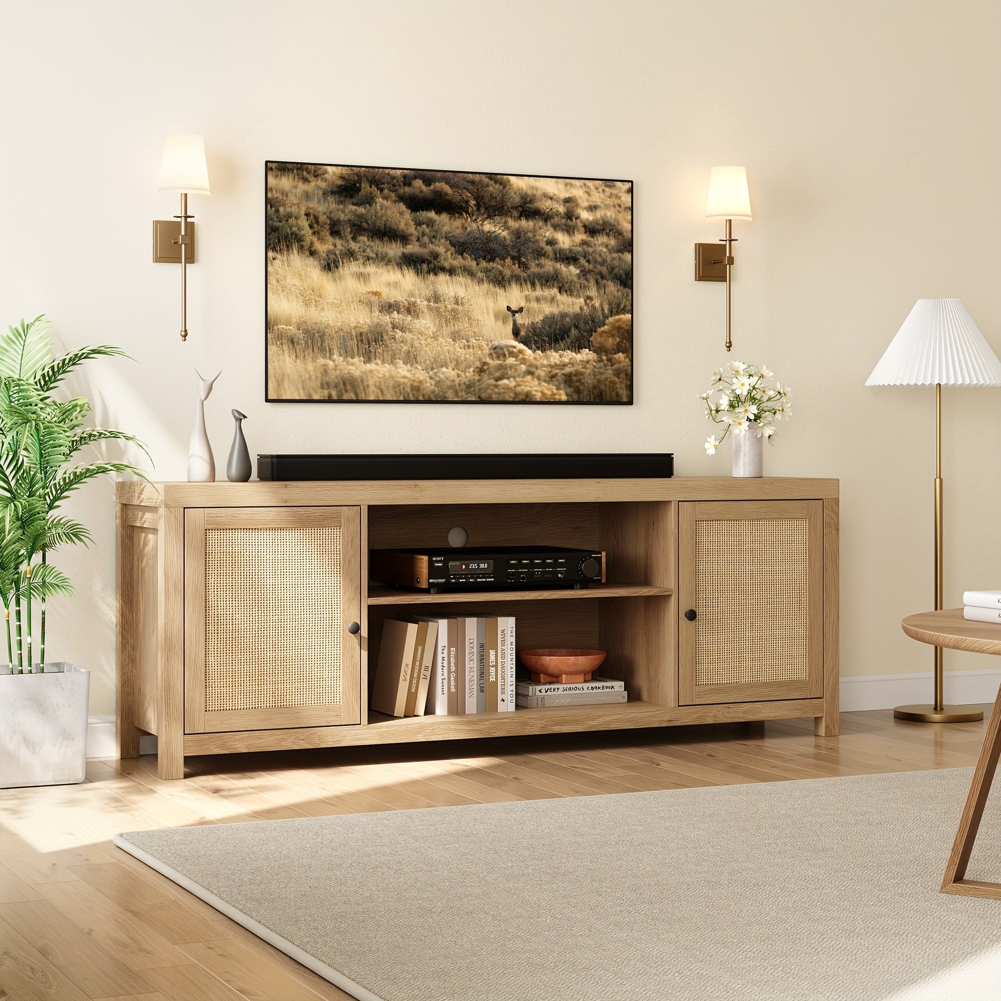 Boho TV Stand For 55 Inch TV, Entertainment Center With Adjustable Shelf, Rattan TV Console With 2 Cabinets, Media Console, Solid Wood Feet, 4 Cord Holes, For Living Room - Natural