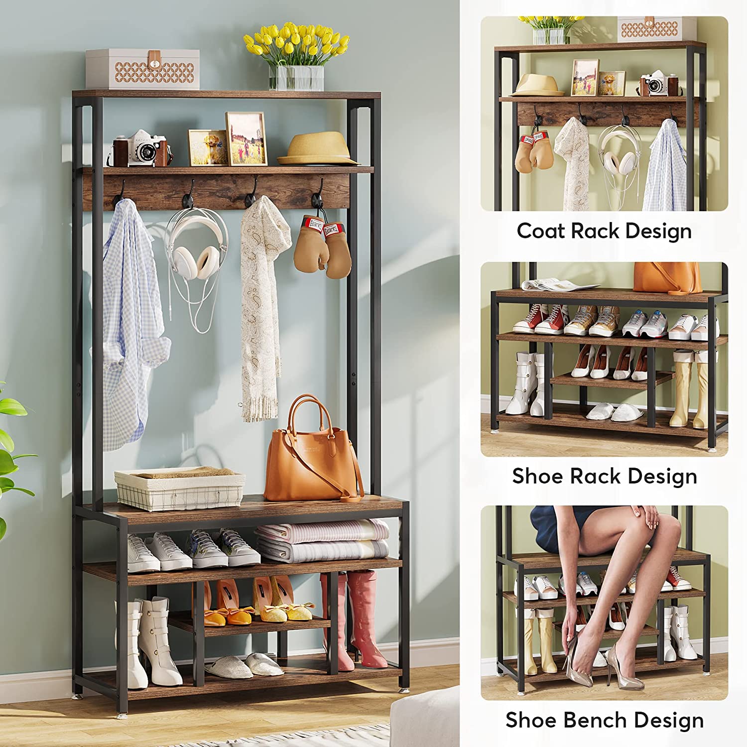 Industrial Coat Rack Shoe Bench, Entryway Hall Tree with Hooks & Shelves (in cm)