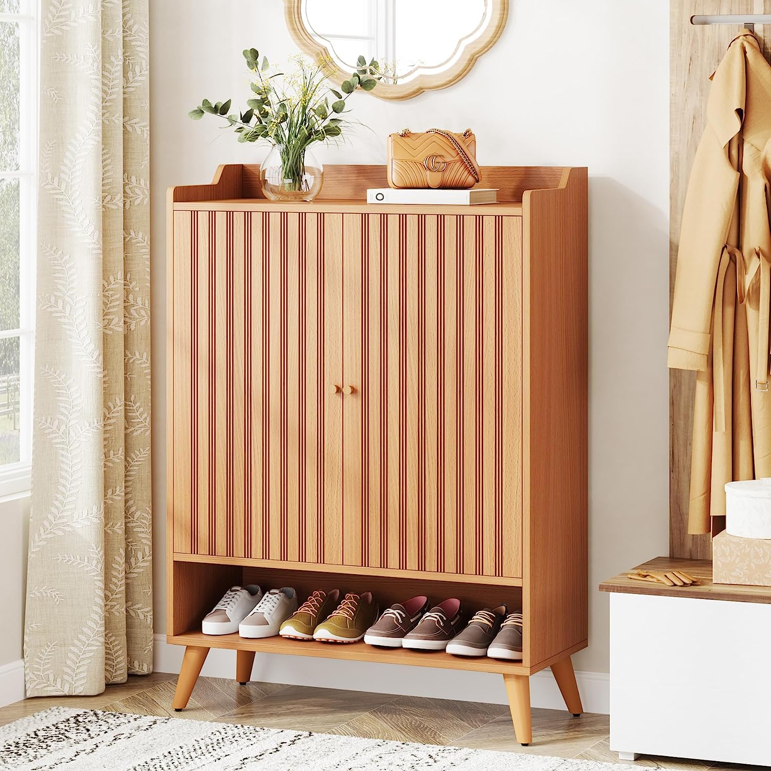 Wooden Shoe Cabinet with Adjustable Shelves and Open Shelf (cm)