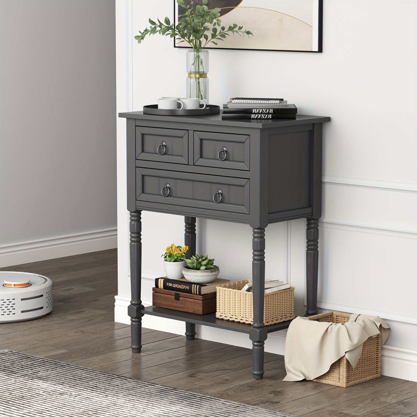 1pc Modern Wood Console Entryway Table With 3 Drawers And Open Shelf, Dark Grey, 78.74 cm H X 60.96 cm W, For Hallway And Living Room Storage, Home Decor