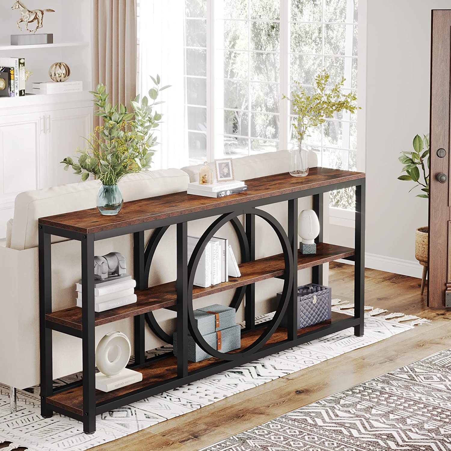 180 cm Console Table, Narrow Sofa Table with 3 Tier Storage Shelves