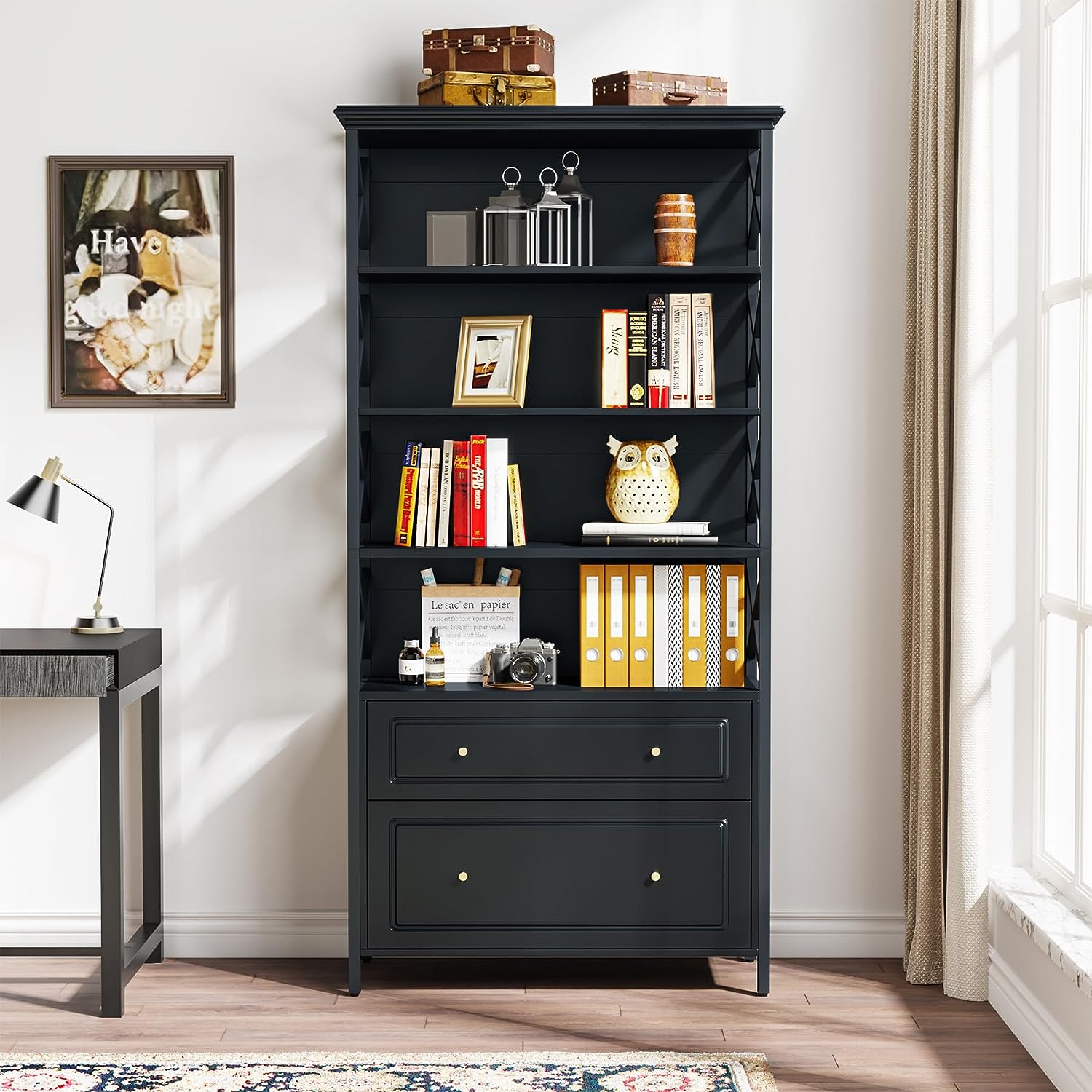 5-Tier Bookshelf, Industrial Bookcase Display Shelf with 2 Drawers (Converted to cm)