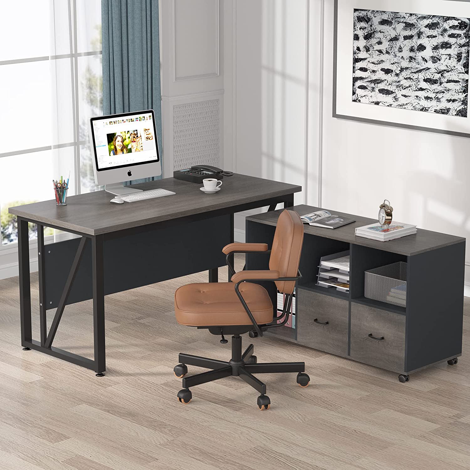 L-Shaped Computer Desk, 140 cm / 160 cm Executive Desk and Mobile File Cabinet