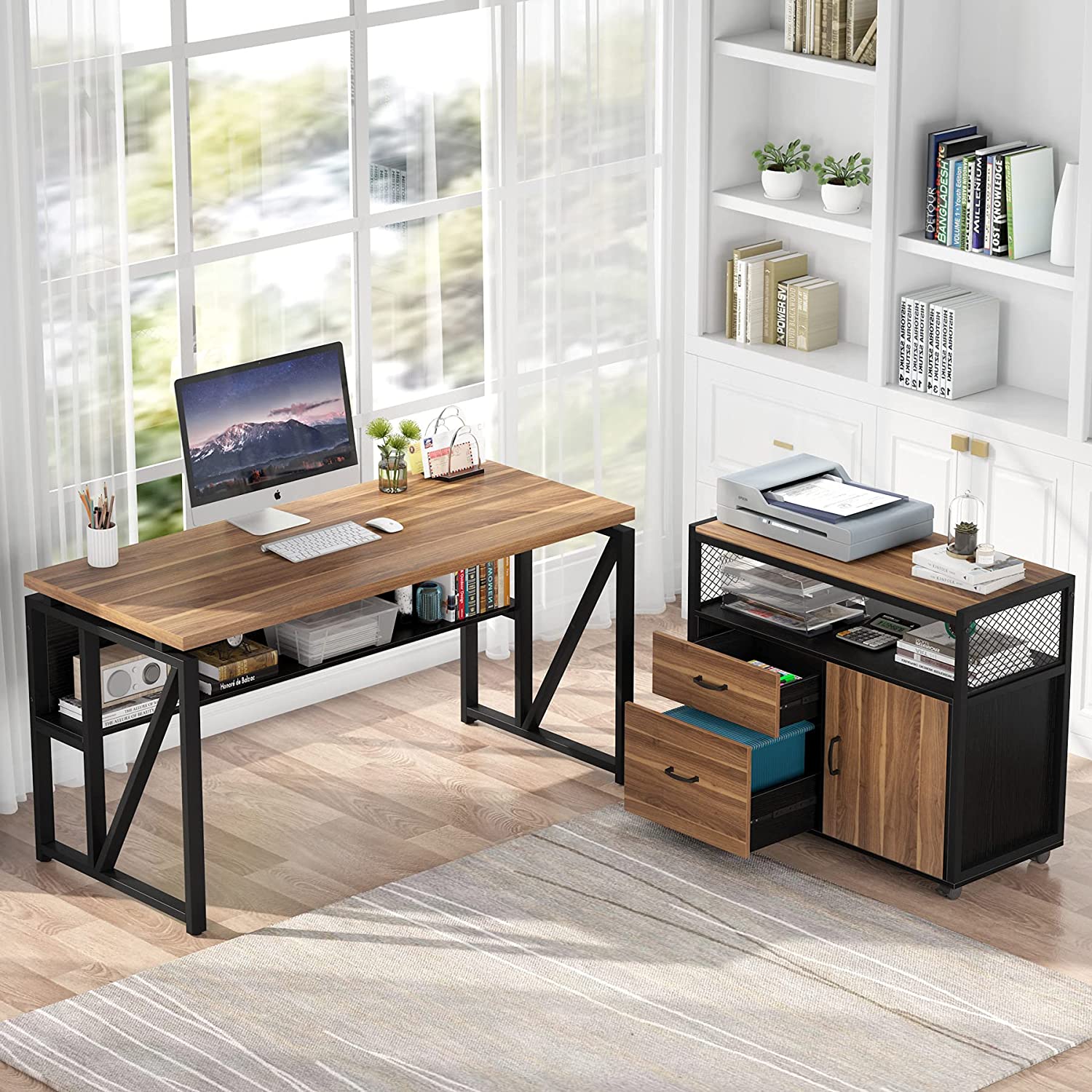 140 cm / 160 cm L-Shaped Executive Desk with Storage Shelves and Mobile File Cabinet