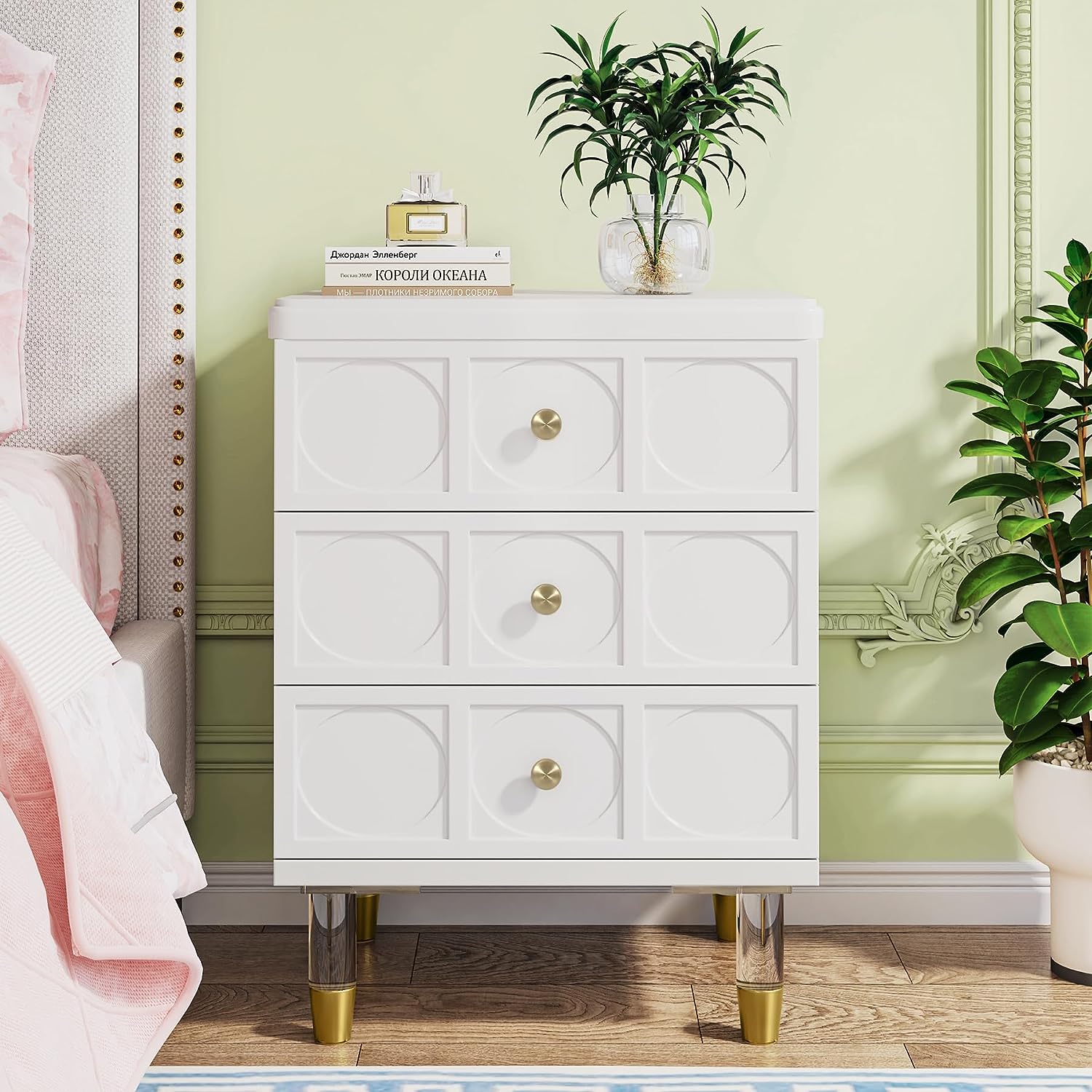 3-Drawer Nightstand Bedside Table with Acrylic Metal Legs (Converted to cm)