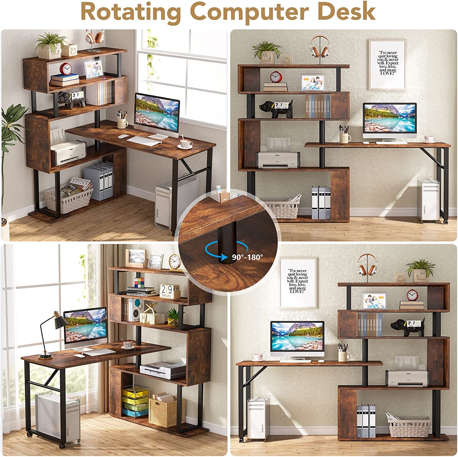 Rotating Desk with 5-Tier Bookshelf, Reversible Computer Desk with Wheels (in cm)