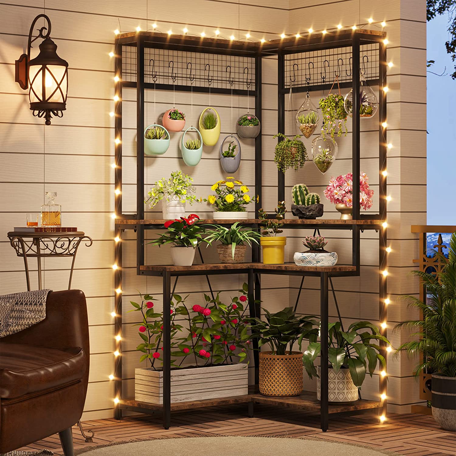 Corner Plant Stand, 170 cm Tall Flower Shelf with 15 Hanging Hooks