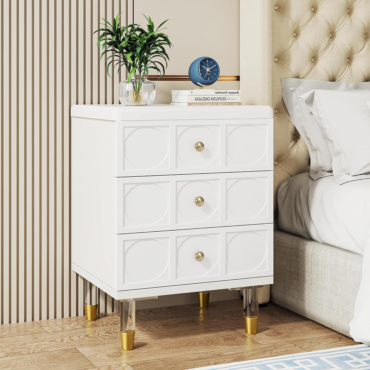 3-Drawer Nightstand Bedside Table with Acrylic Metal Legs (Converted to cm)