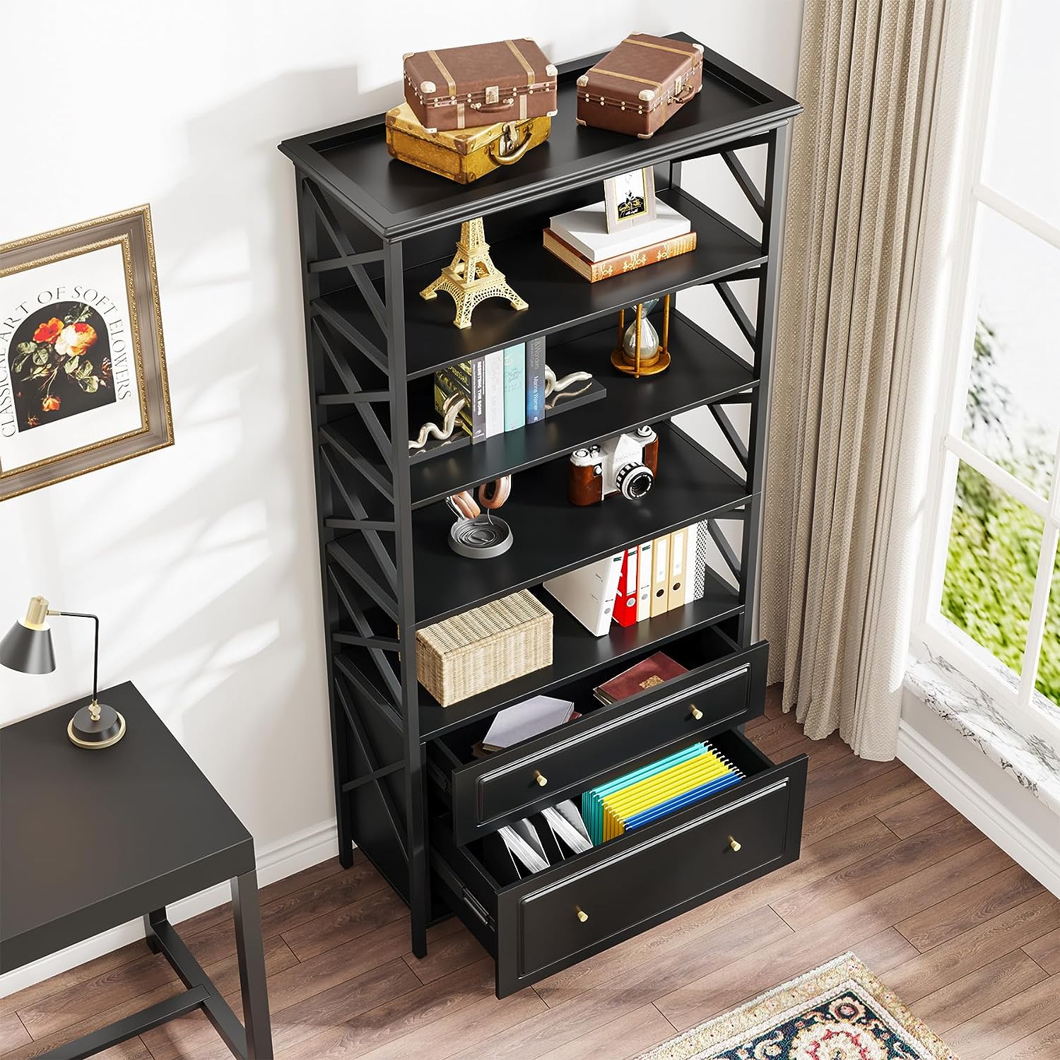 5-Tier Bookshelf, Industrial Bookcase Display Shelf with 2 Drawers (Converted to cm)