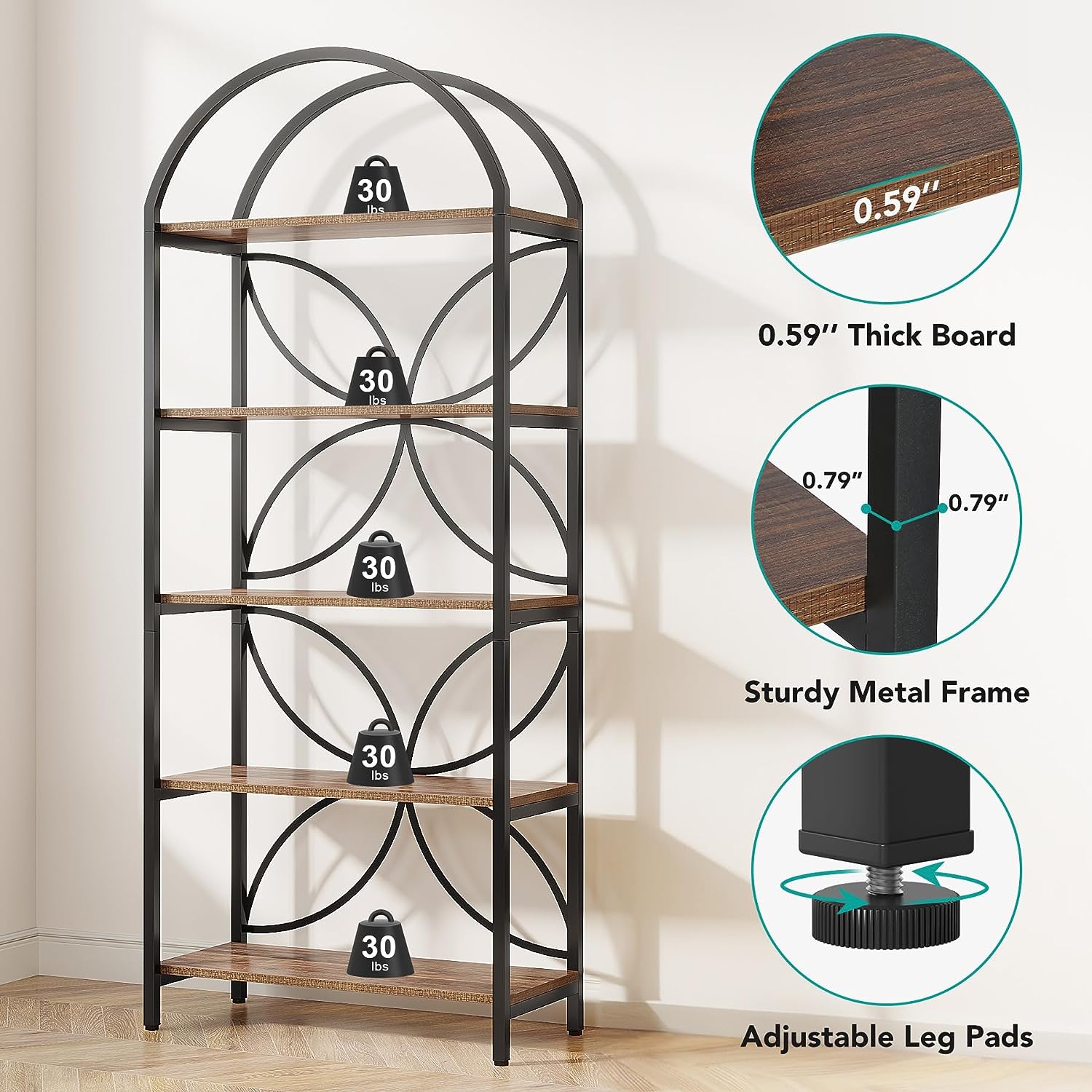 5-Tier Bookshelf, 190 cm Tall Arched Bookcase Display Rack