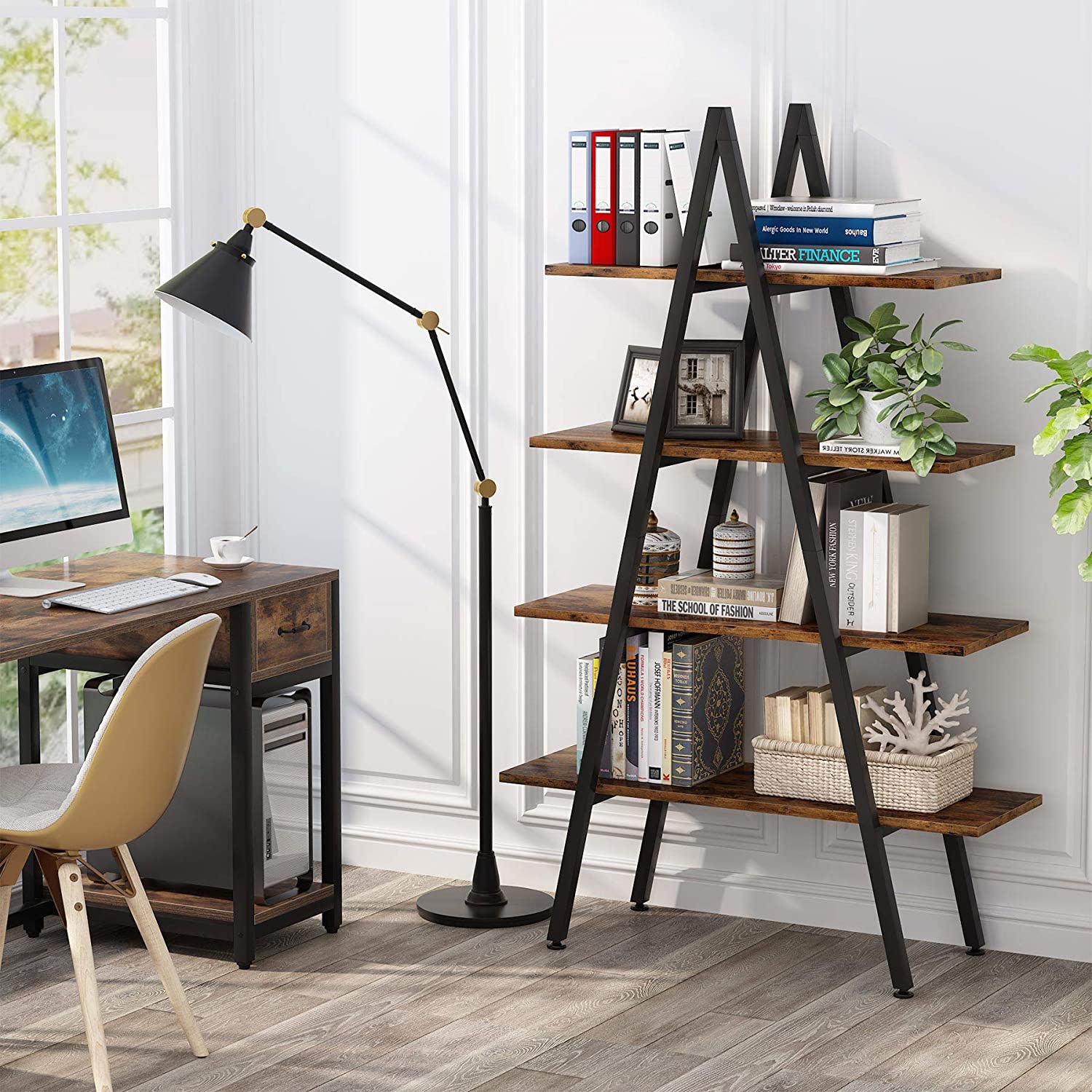 4-Tier Bookshelf, A-Shaped Bookcase Industrial Ladder Display Shelf (Approx. 102 cm)