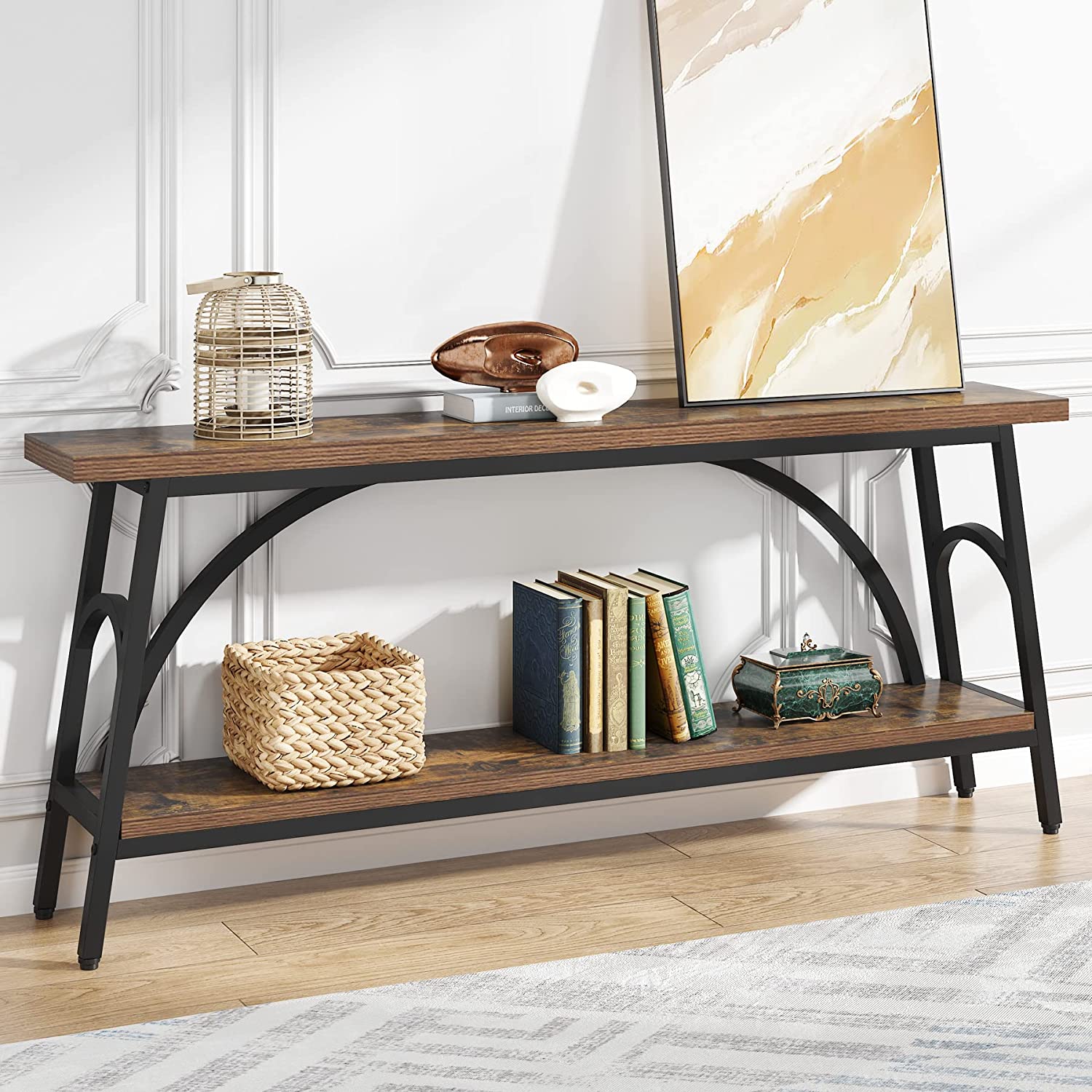 2-Tier Console Table, 180 cm Sofa Table Hallway Table with Open Shelves