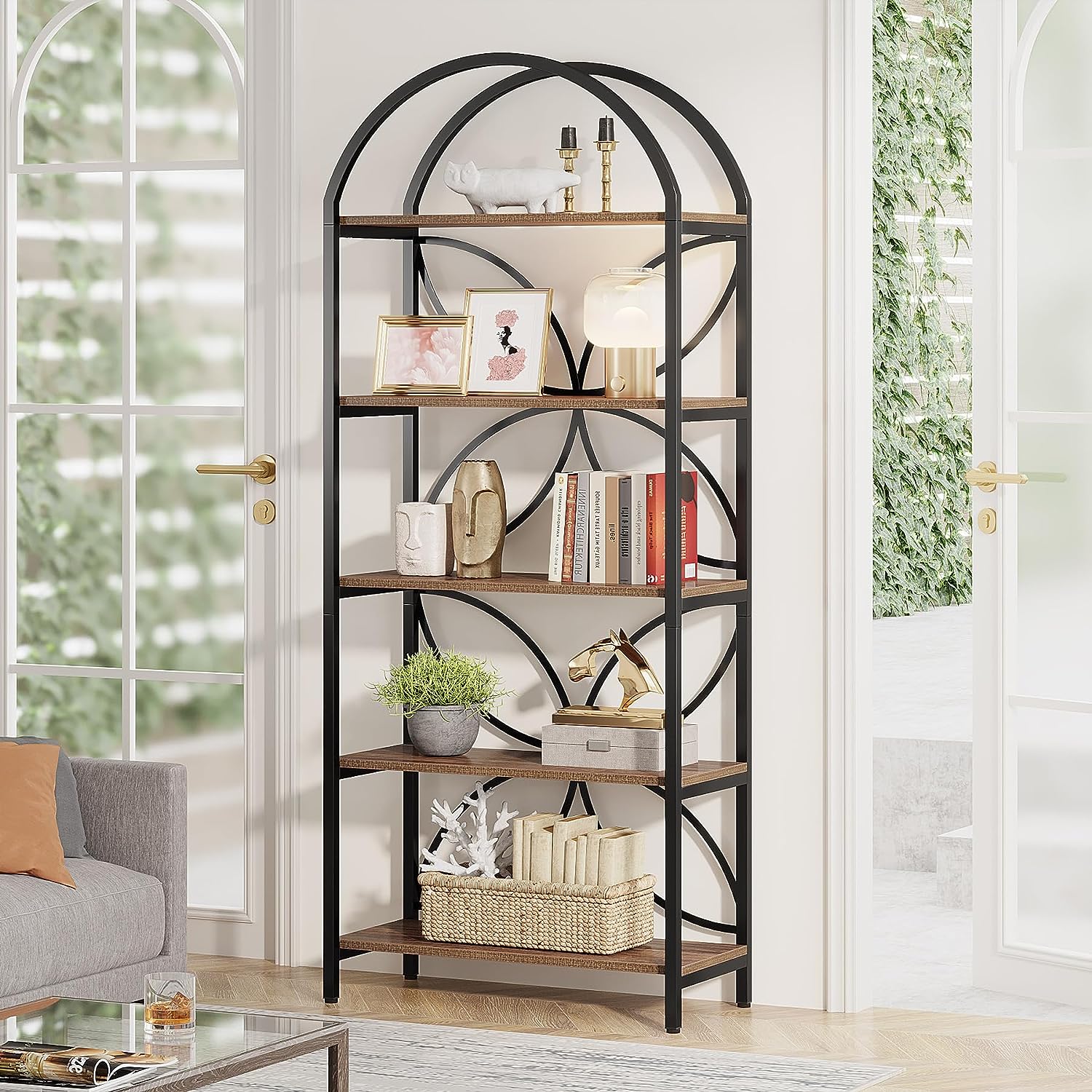 5-Tier Bookshelf, 190 cm Tall Arched Bookcase Display Rack