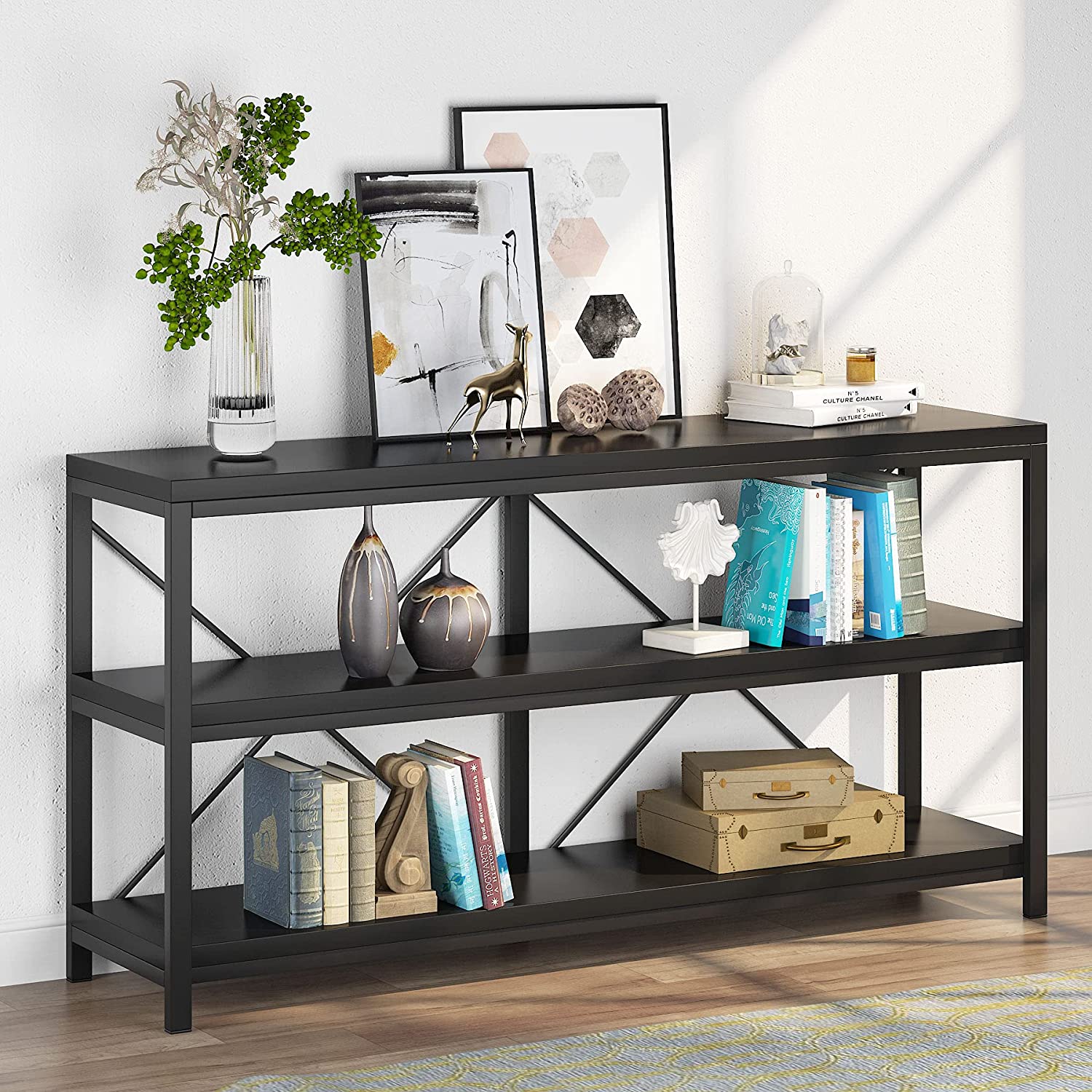 140 cm Console Table, Sofa Table TV Stand with 3-Tier Storage Shelves