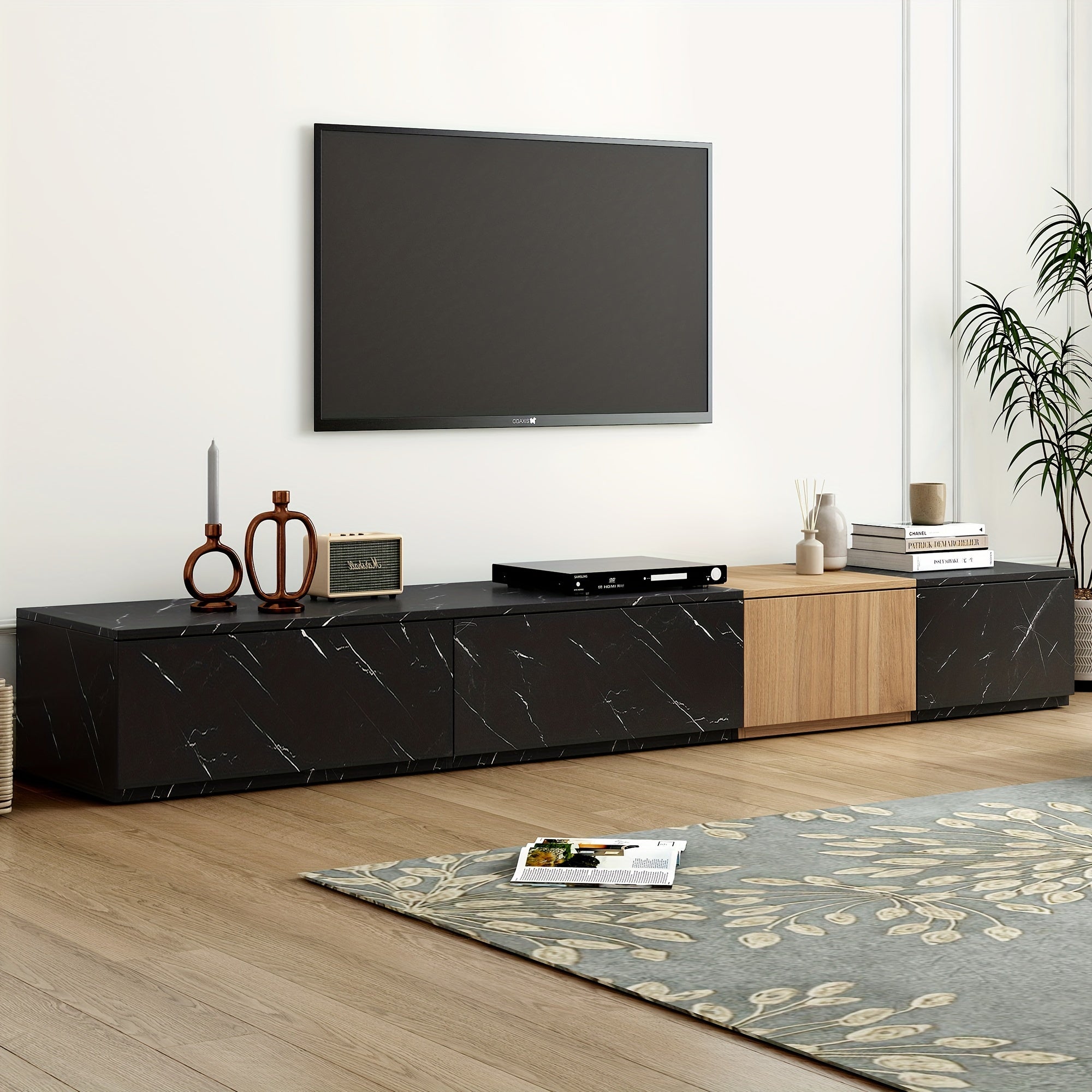 Modern TV Stand With Faux Marble And Walnut Wood Grain Finish, Modular Entertainment Center With 4 Storage Drawers For TVs Up To 88''