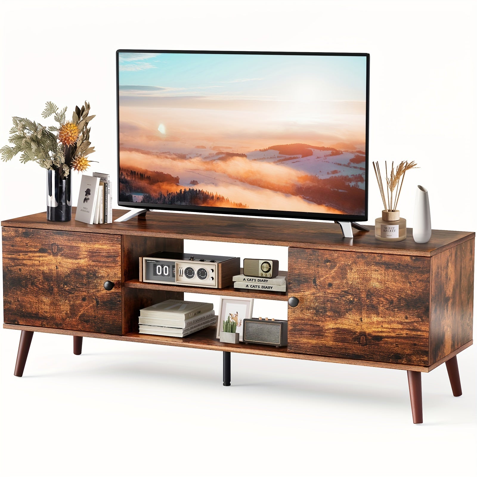 TV Stand for Entertainment Center with Storage Cabinet, Mid Century Modern Media Console Table, Adjustable Hinge, Wooden Television Furniture for Living Room