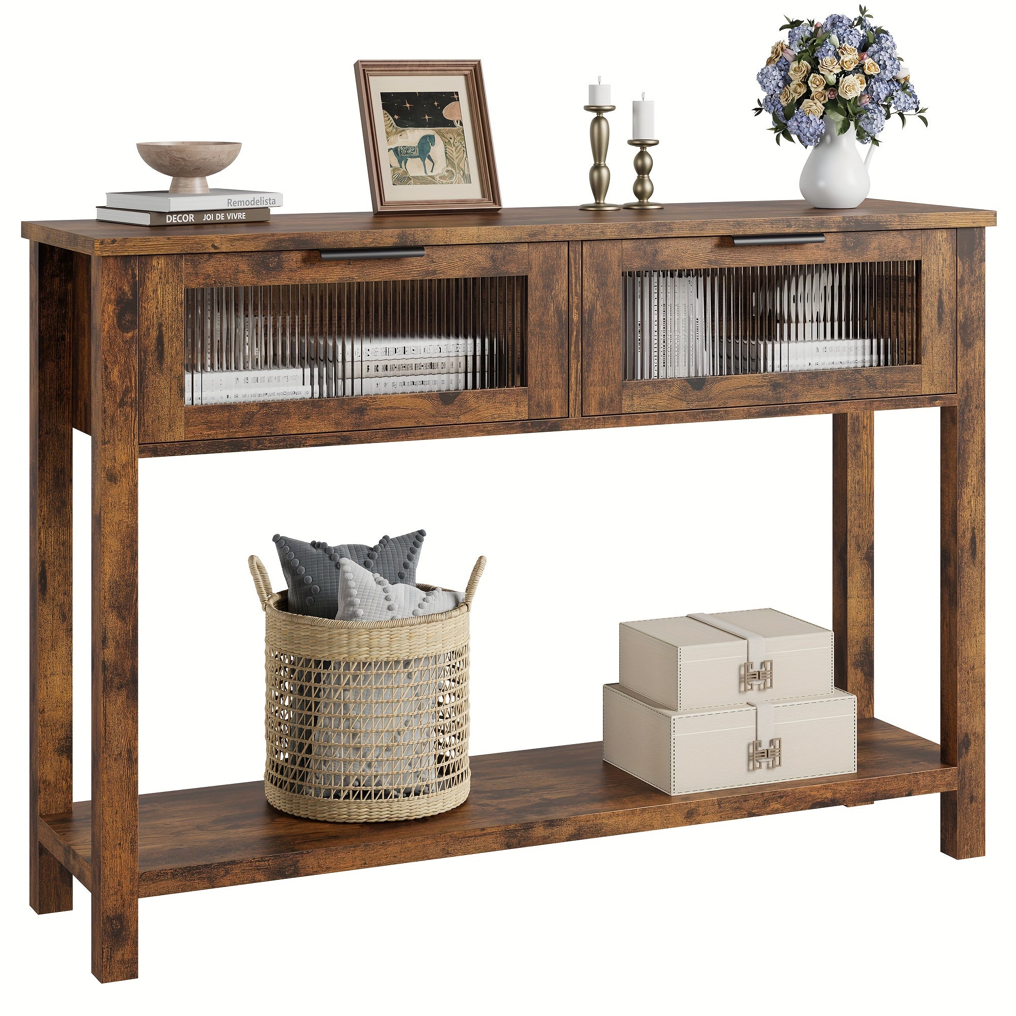 Entryway Table, Wood Console Table with 2 Glass Drawers, 2-Tier Sofa Table with Storage for Living Room, Foyer Tables for Entryway (in cm)