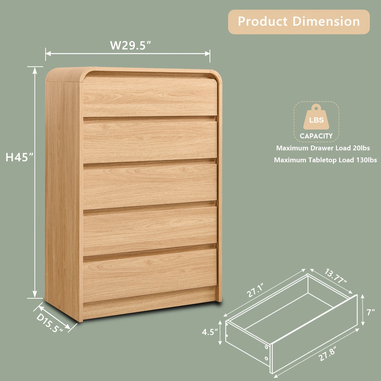 Modern 5 Drawers Dresser For Bedroom, 114cm Tall Dressers & Chests Of Drawers W/Curved Profile Design, Wood Mid Century Vertical Dresser W/Natural Texture For Bedroom, Living Room