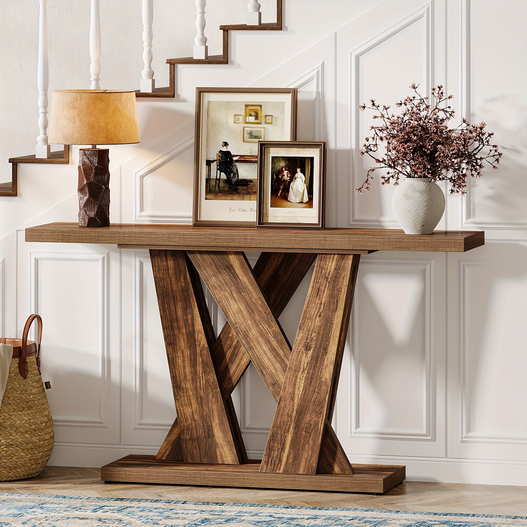 140 cm Farmhouse Console Table, Entryway Table with Geometric Base, Narrow Sofa Table, Rustic Wood Hallway Table for Entrance, Living Room, Foyer