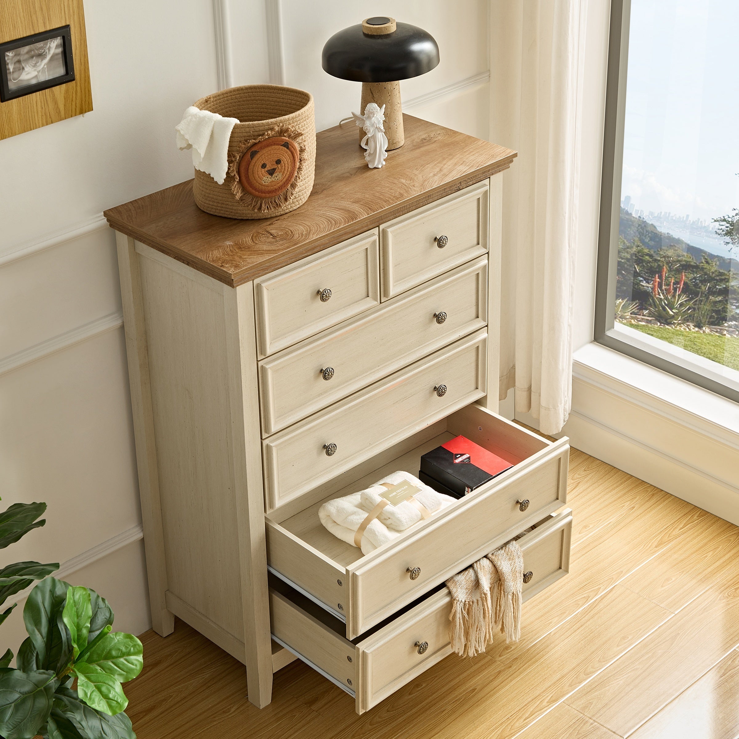 Dresser For Bedroom With 6 Drawers, 5 Drawer Tall Chest Of Drawers For Bedroom Beige Wood, Modern Storage Cabinet With 7 Drawers For Home Office, Dressing Room, Entryway