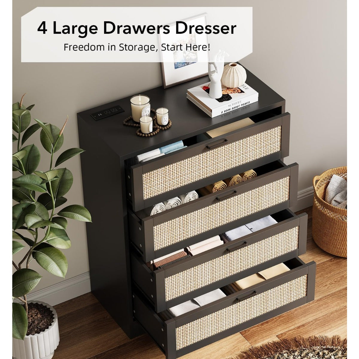 4 Drawer Dresser for Bedroom, Rattan Chest of Dressers, Modern Wood Tall Dresser with Power Outlets, Drawer Organizer Unit with Metal Handle for Living Room Closet Hallway Entryway