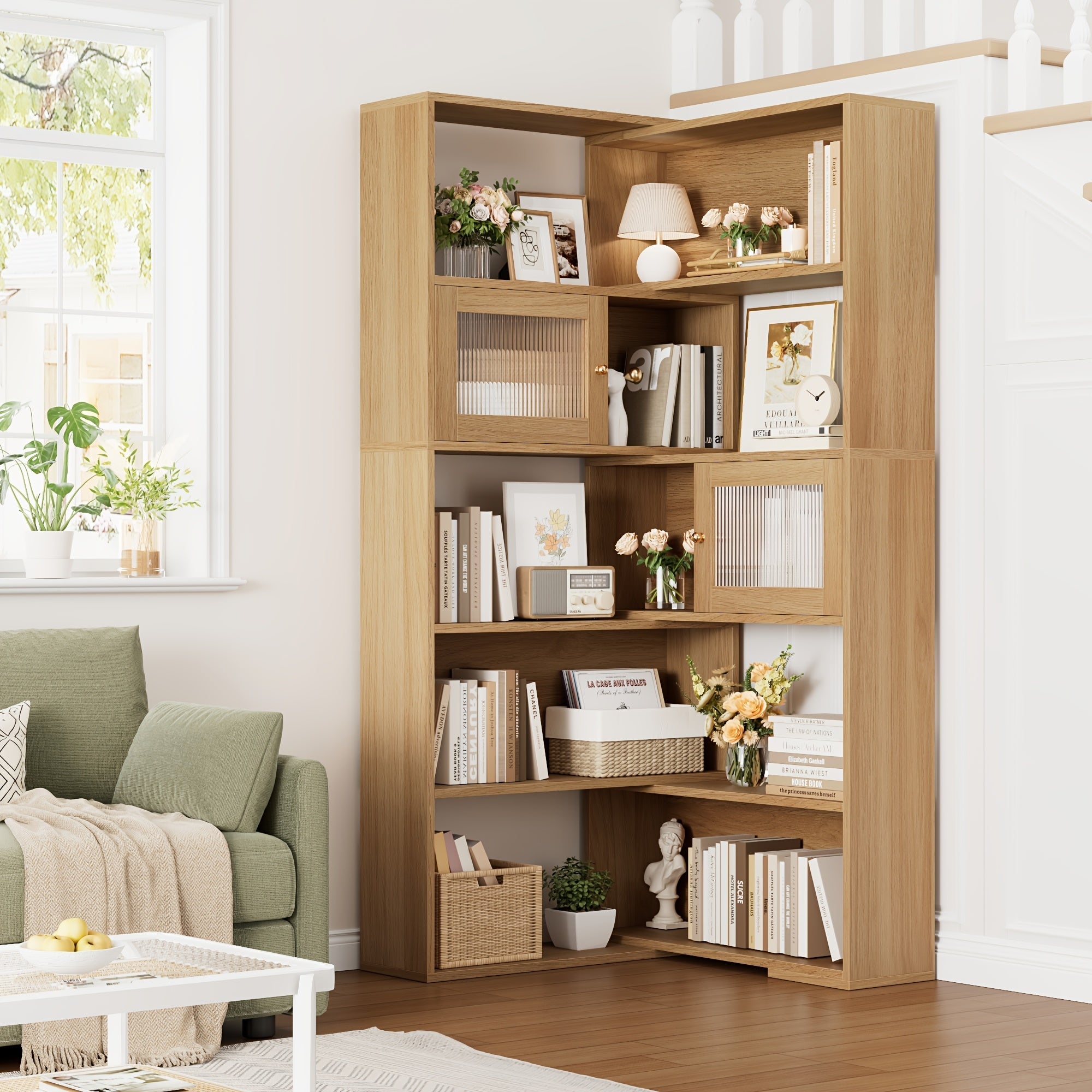 Reversible Wood Grain Bookshelf with Doors - 60.6" Tall, Spacious Storage for Living Room, Home Office, Library