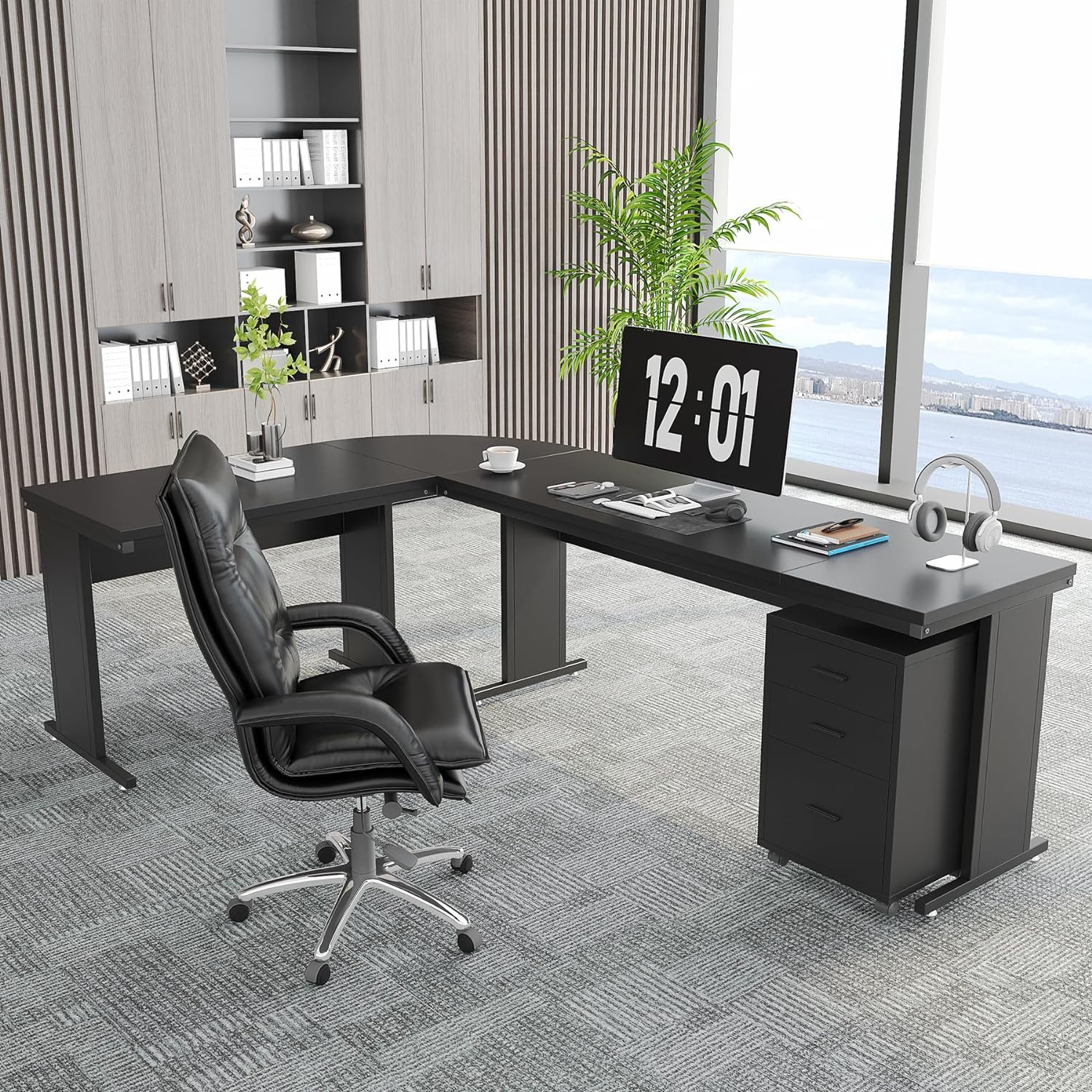 210 cm L-Shaped Desk, Industrial Corner Executive Desk with Mobile File Cabinet