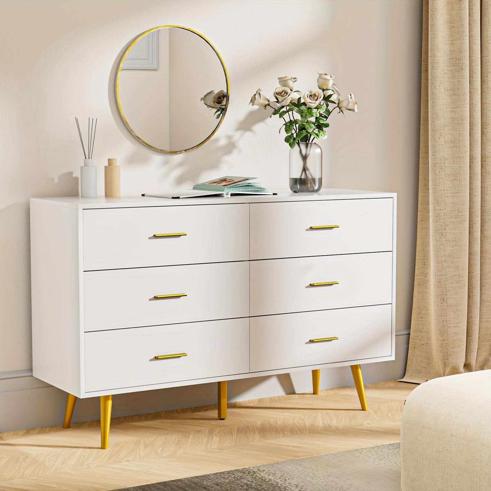 6-Drawer Dresser, Modern Wooden Chest with Wide Drawers, Golden Metal Handles, Ample Storage, ≥3.2 Cubic Feet Capacity, ≥27" Height, with No Electricity Required, for Bedroom, Hallway, Entryway, Storage Drawer U