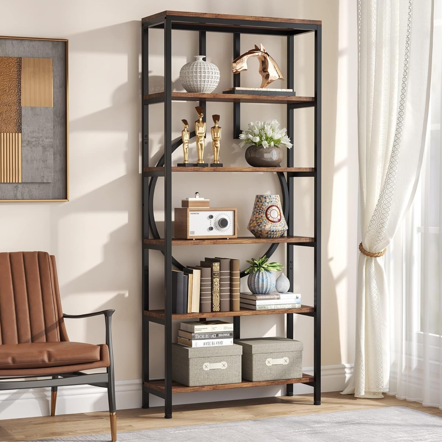 Vintage Bookshelf, 6-Tier Tall Bookcase with Open Shelves, Wood and Metal Decorative Book Shelf Storage Shelving Unit for Living Room and Home Office, Deck Boxes, Box, Cabinet, Rack for Outdoor Storage