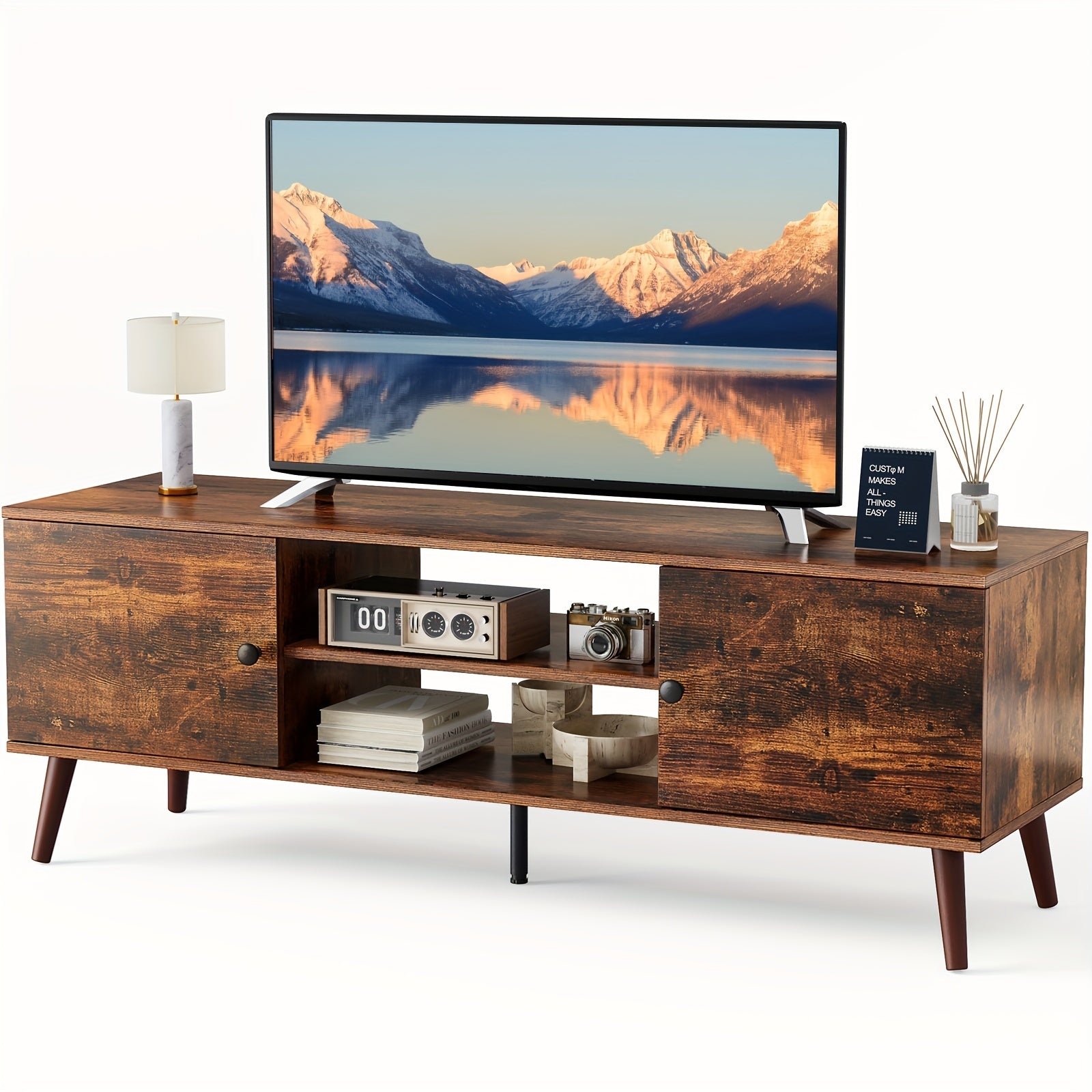 TV Stand for 152cm Television, Entertainment Center with Storage, 2 Cabinet Media Console Table, Soft Hinge Door with Handle, Wood Feet, Office Furniture