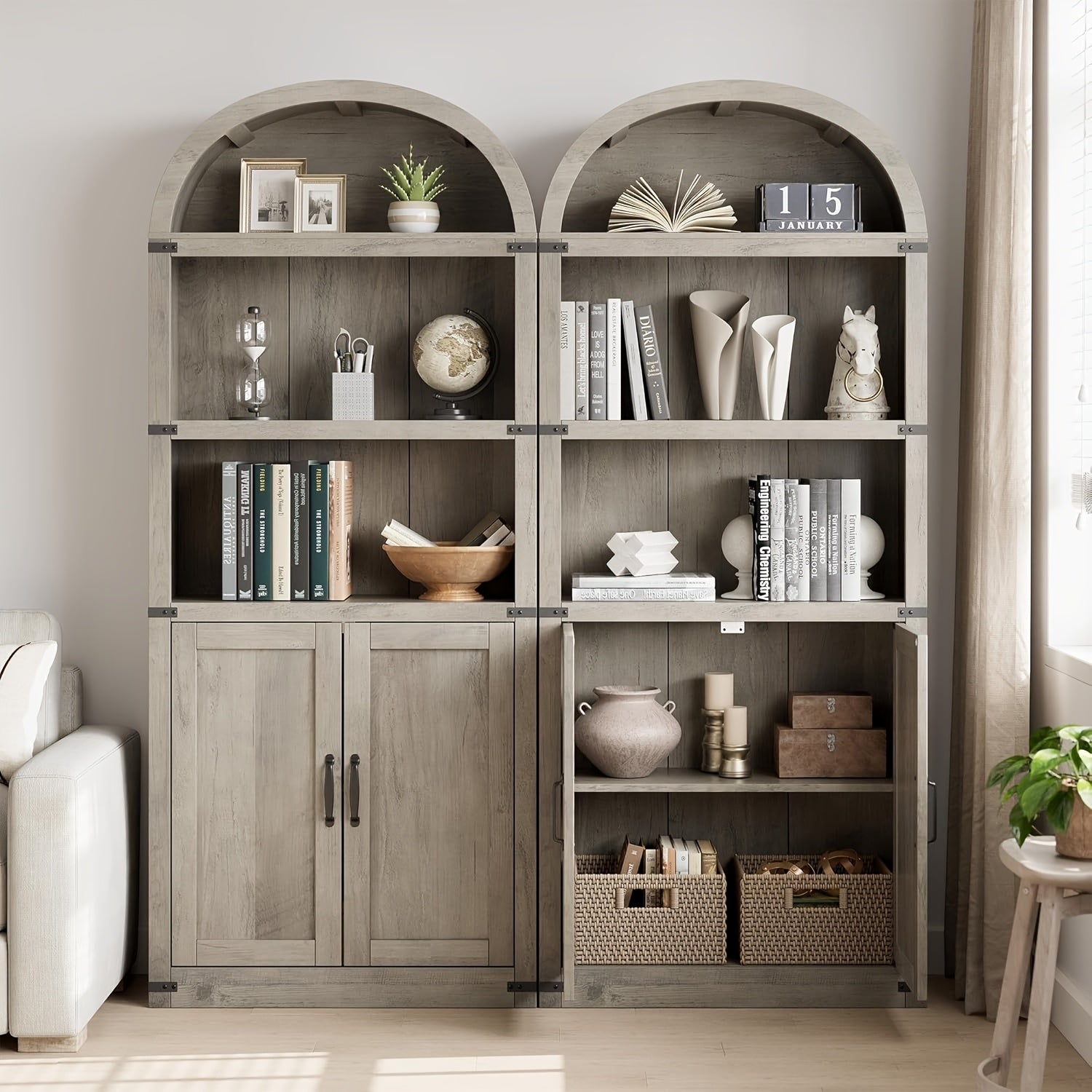 179cm High Bookcase With Doors Bookcase Arched Bookshelf Farmhouse Cabinet With Shelves Bookcase For Home Office, Living Room