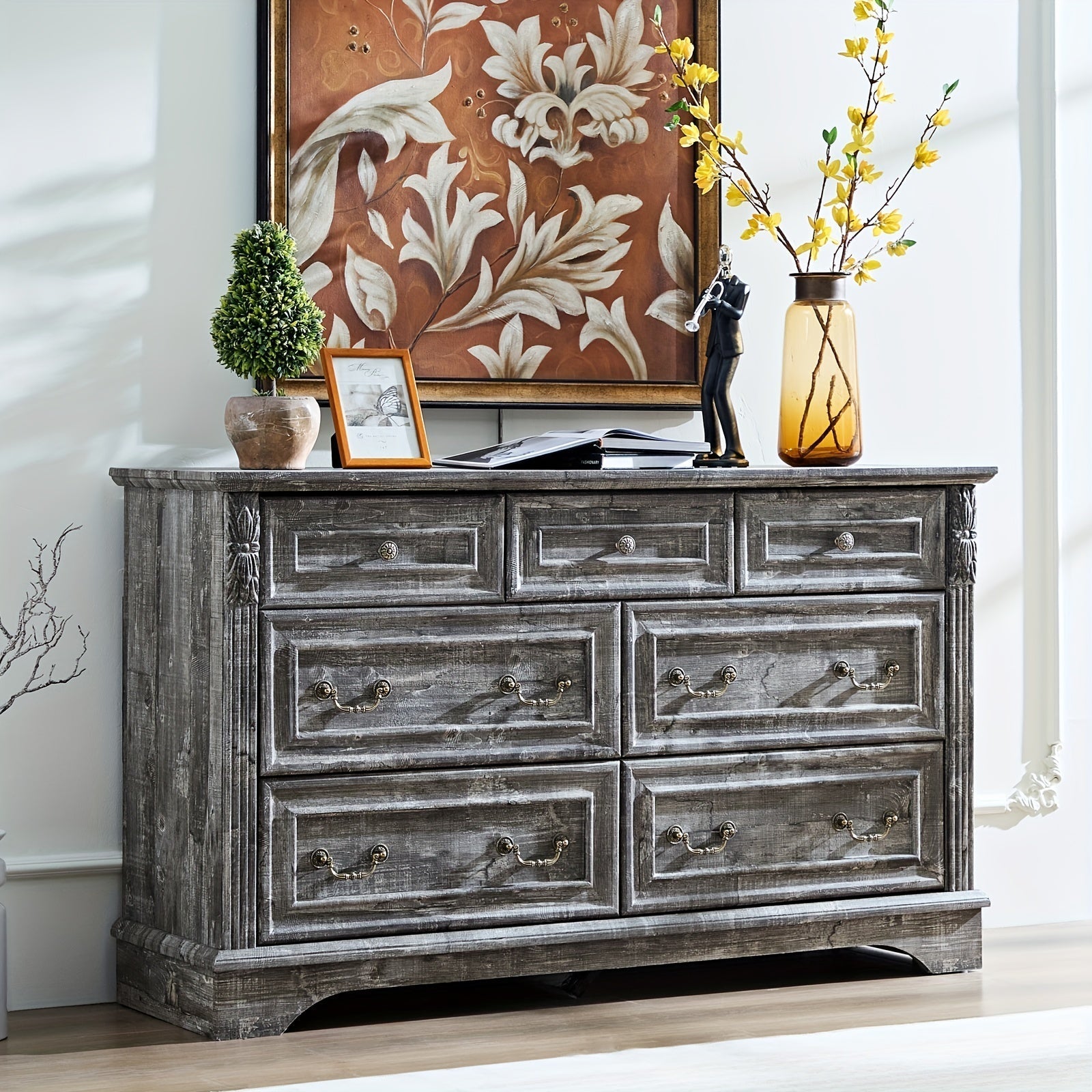 Farmhouse Dresser For Bedroom, 138cm Wide 7 Drawers Dresser, Wood Dresser For Bedroom, Grey 10 Chest Of Drawers With Thickened Wood Carving For Closet, Hallway