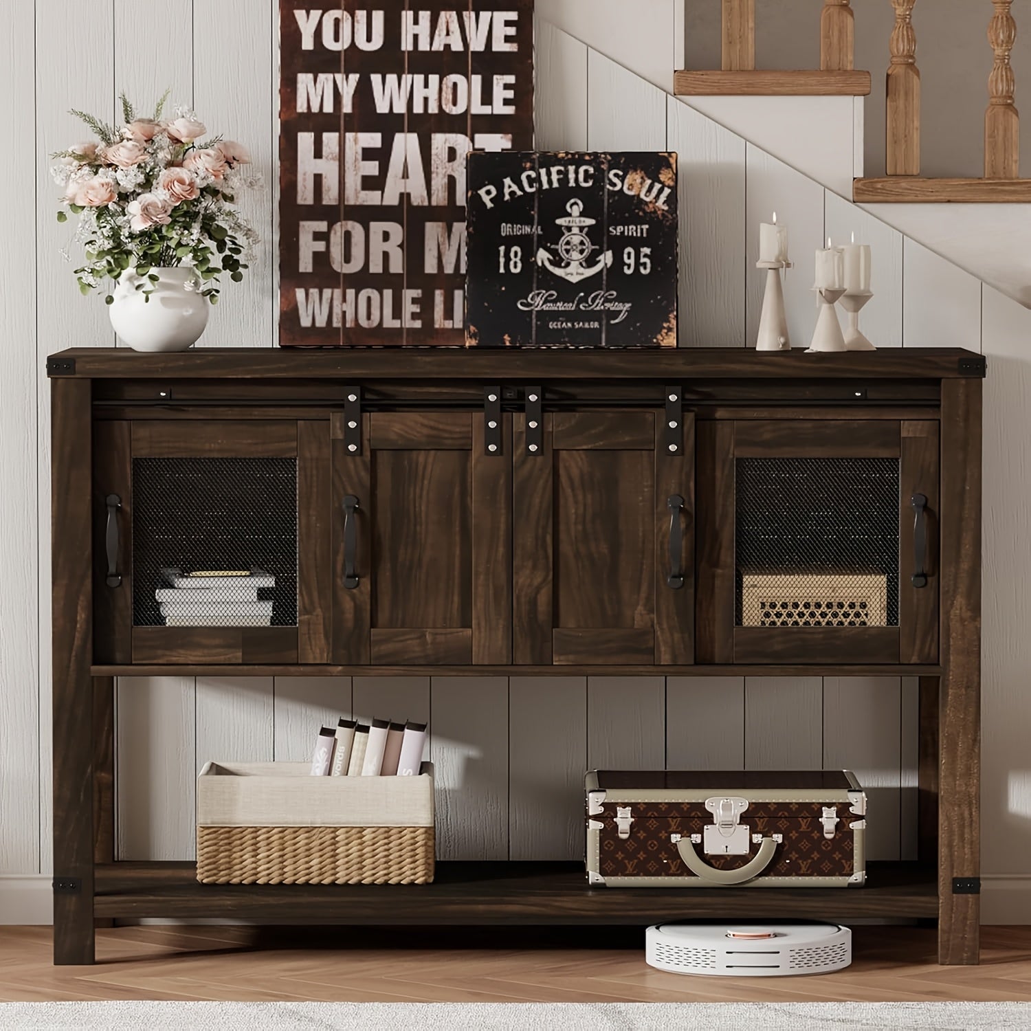 Coffee Bar Table with Storage, Farmhouse Buffet Cabinet with Sliding Barn Door, 119.4 cm Console Table with Metal Mesh Doors, Coffee Bar Cabinet with Bottom Open Shelf, Living Room, White Brown