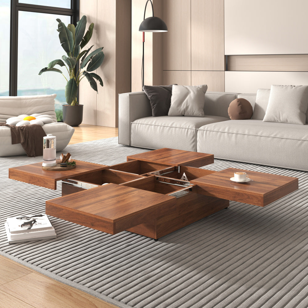 Elegant Walnut-Finish Square Coffee Table with Sliding Top & Storage - 39.4" Marble Veneer, Sturdy MDF Construction