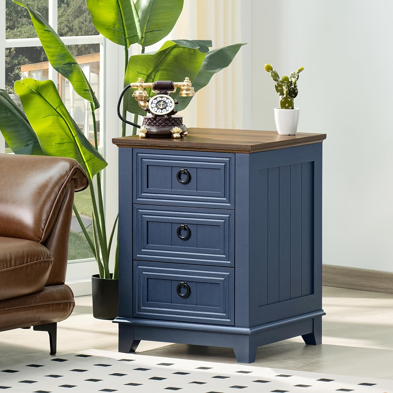 Farmhouse Nightstand, 18 Inch End Table With 3 Drawer Metal Handle, Dresser For Bedroom, Sofa Bed Side Table Chest Of Drawers, Wood Night Stand Cabinet For Organizer, Living Room - Navy Blue