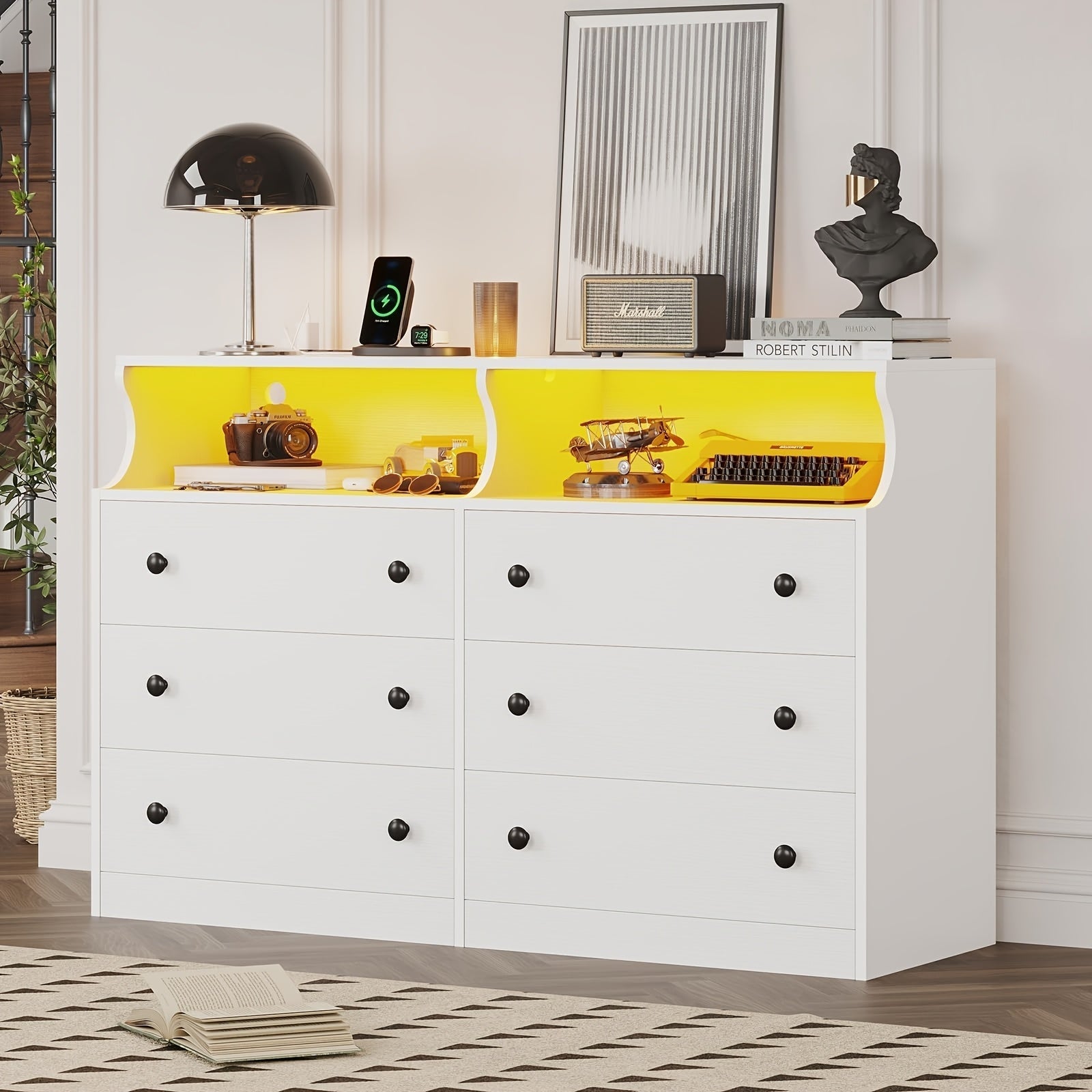 Bedroom Dresser, 6 Drawer Double Dresser With Charging Station With Open Storage, White