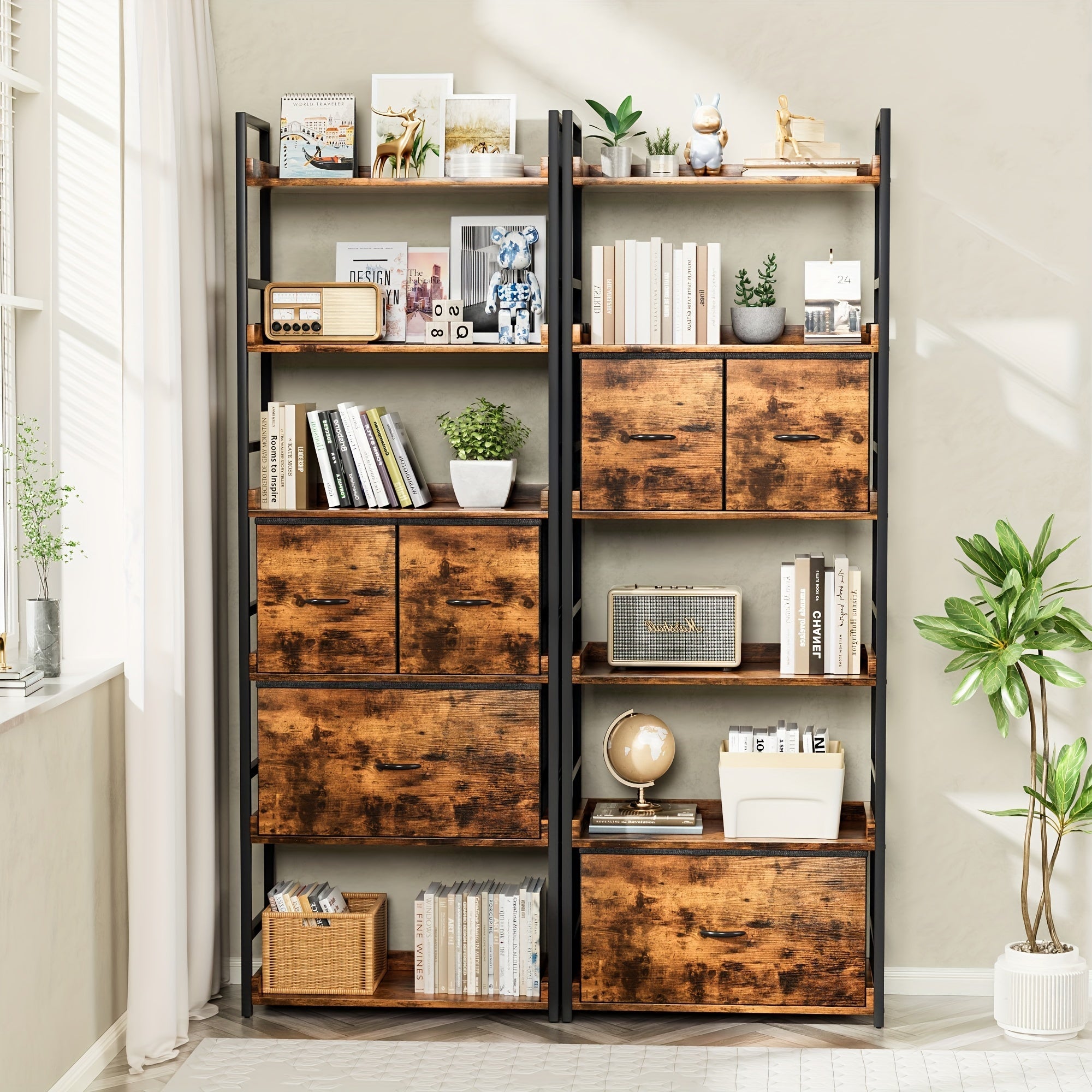 6 Tier Ladder Bookshelf with Adjustable Drawers, Open Bookcase Storage Organizer