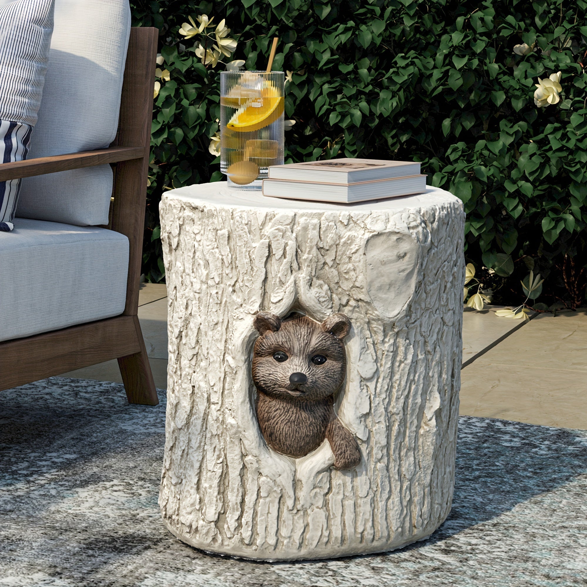 Concrete Side Table, Outdoor Side Table for Patio, 14-inch Raccoon Accent Table Patio Side Table End Table, Patio Ceramic Side Table Garden Stool Log Table