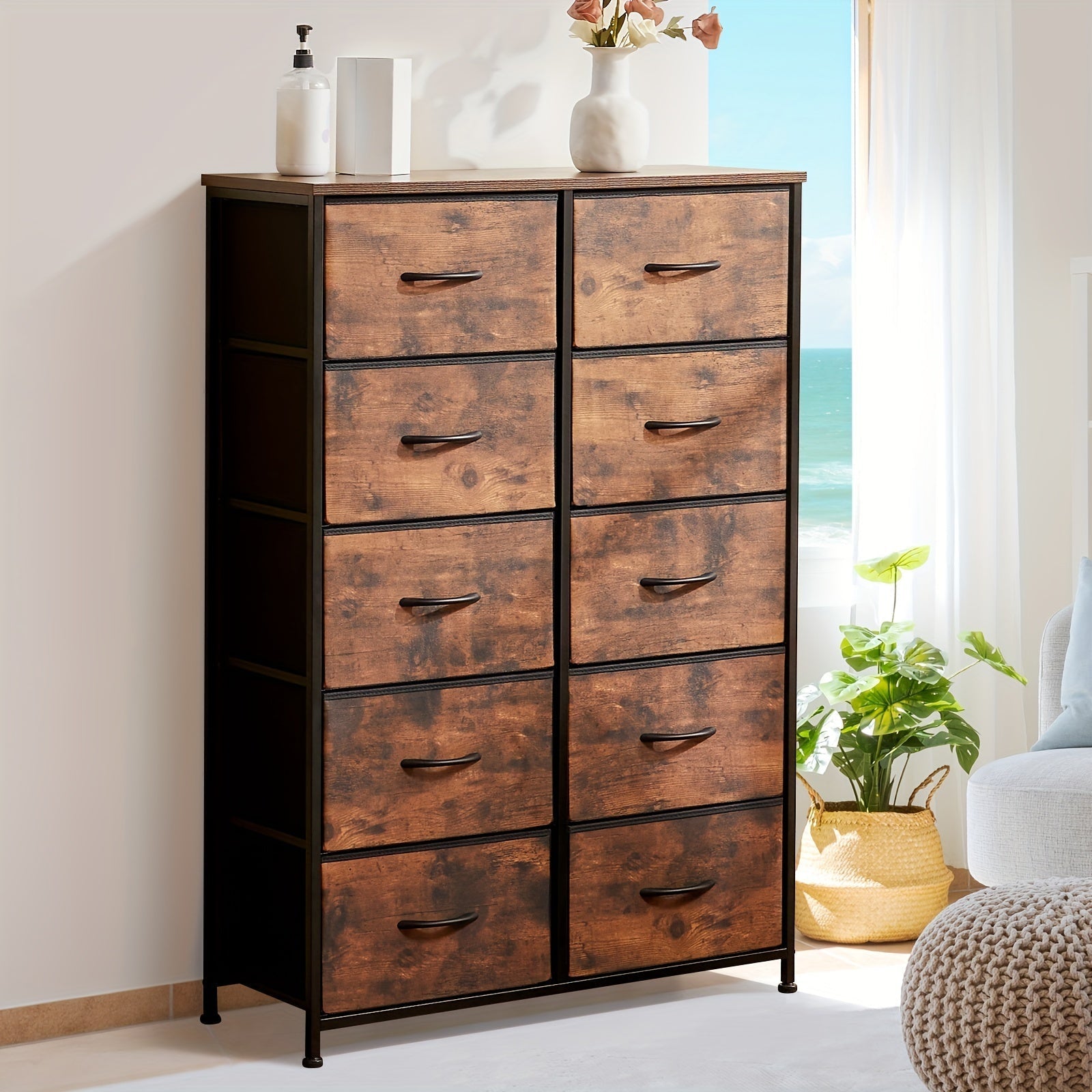 Idle Way Dresser For Bedroom With 10 Drawers, Dresser With Metal Frame And Wood Tabletop, Clothes Drawer Fabric Closet Organizer, Chest Storage Tower For Living Room, Entryway